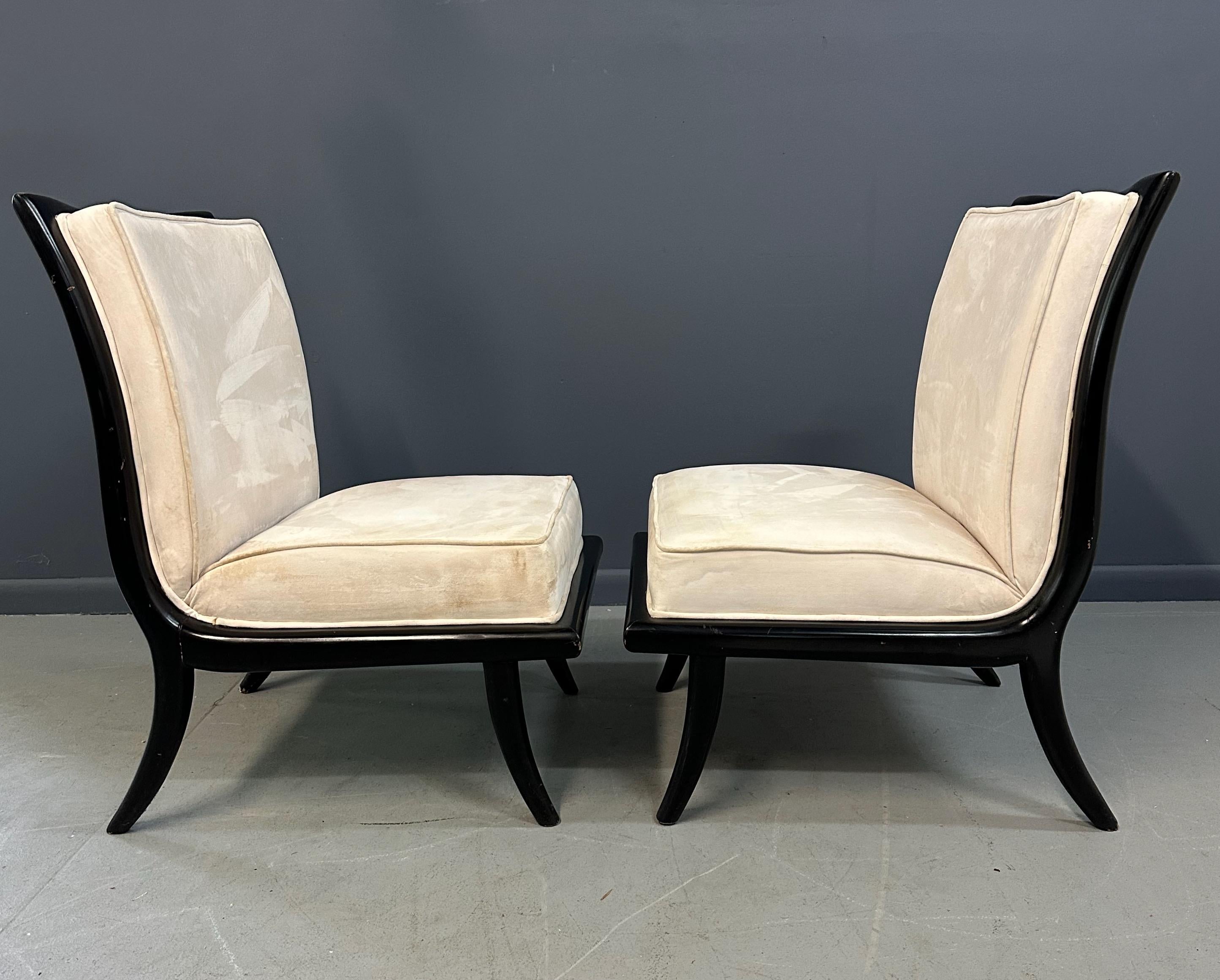 Mid Century Ebonized Slipper Chairs in the Style of Robsjohn-Gibbings For Sale 4