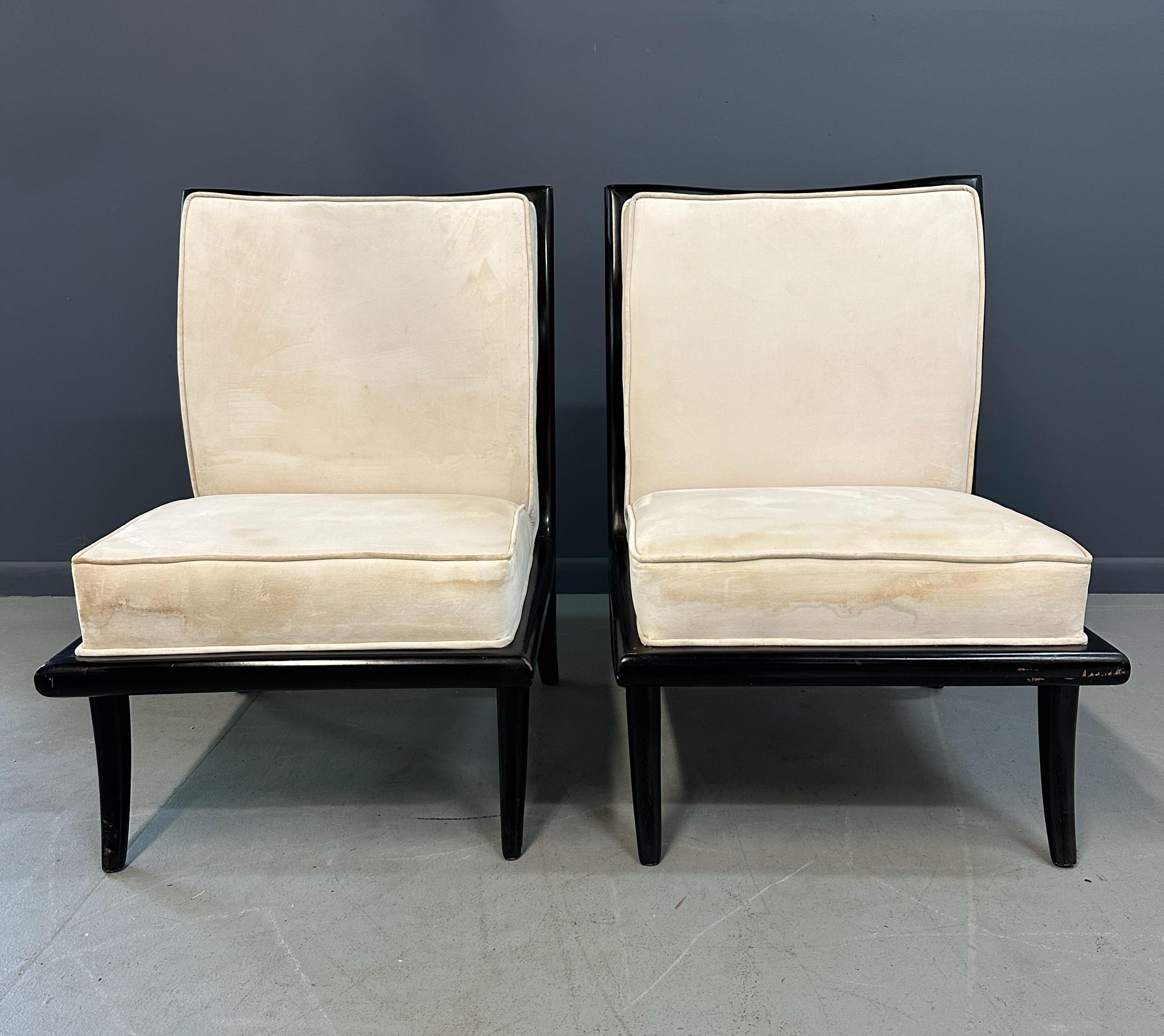 Mid Century Ebonized Slipper Chairs in the Style of Robsjohn-Gibbings In Good Condition For Sale In Philadelphia, PA