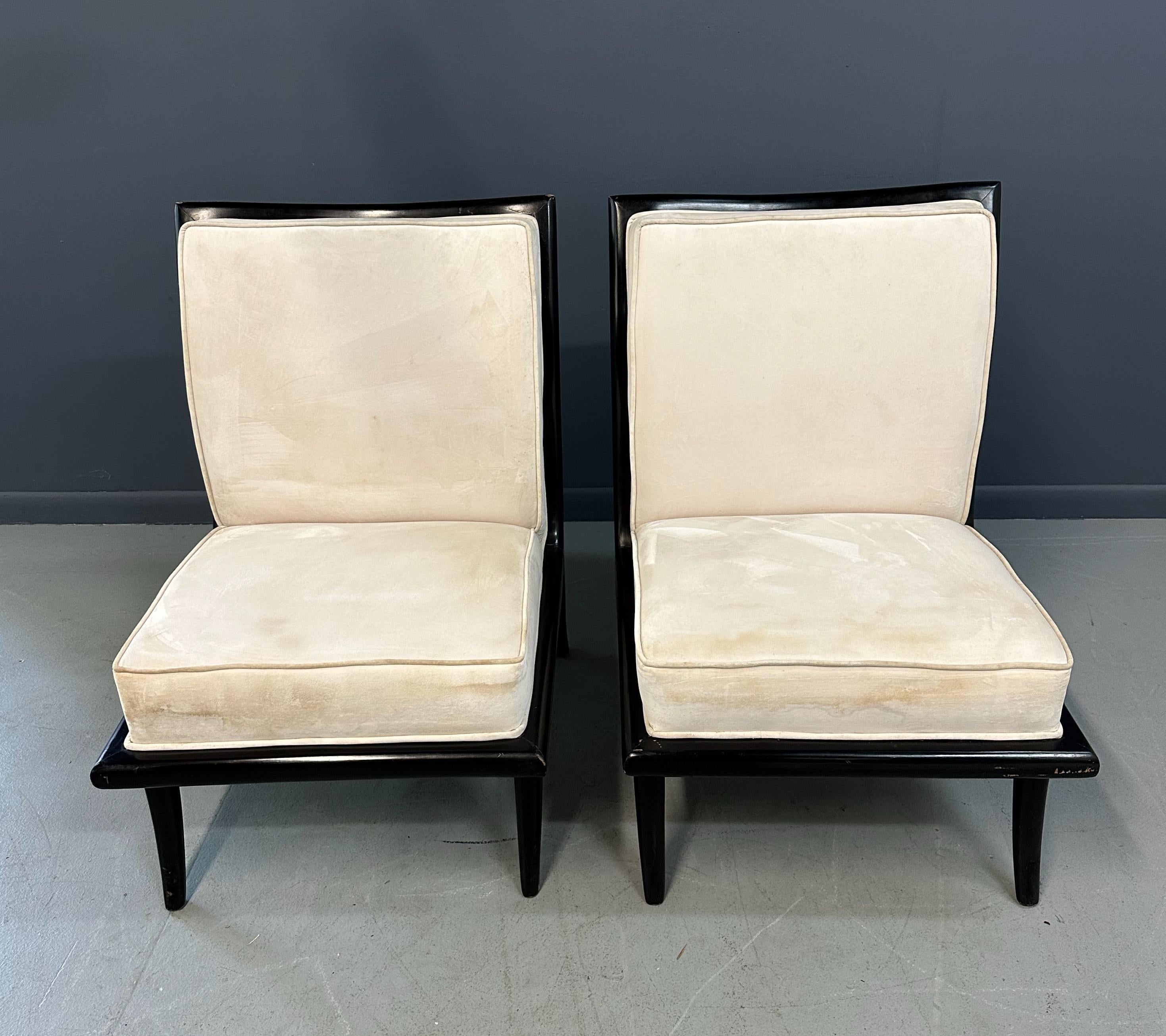 Wood Mid Century Ebonized Slipper Chairs in the Style of Robsjohn-Gibbings For Sale