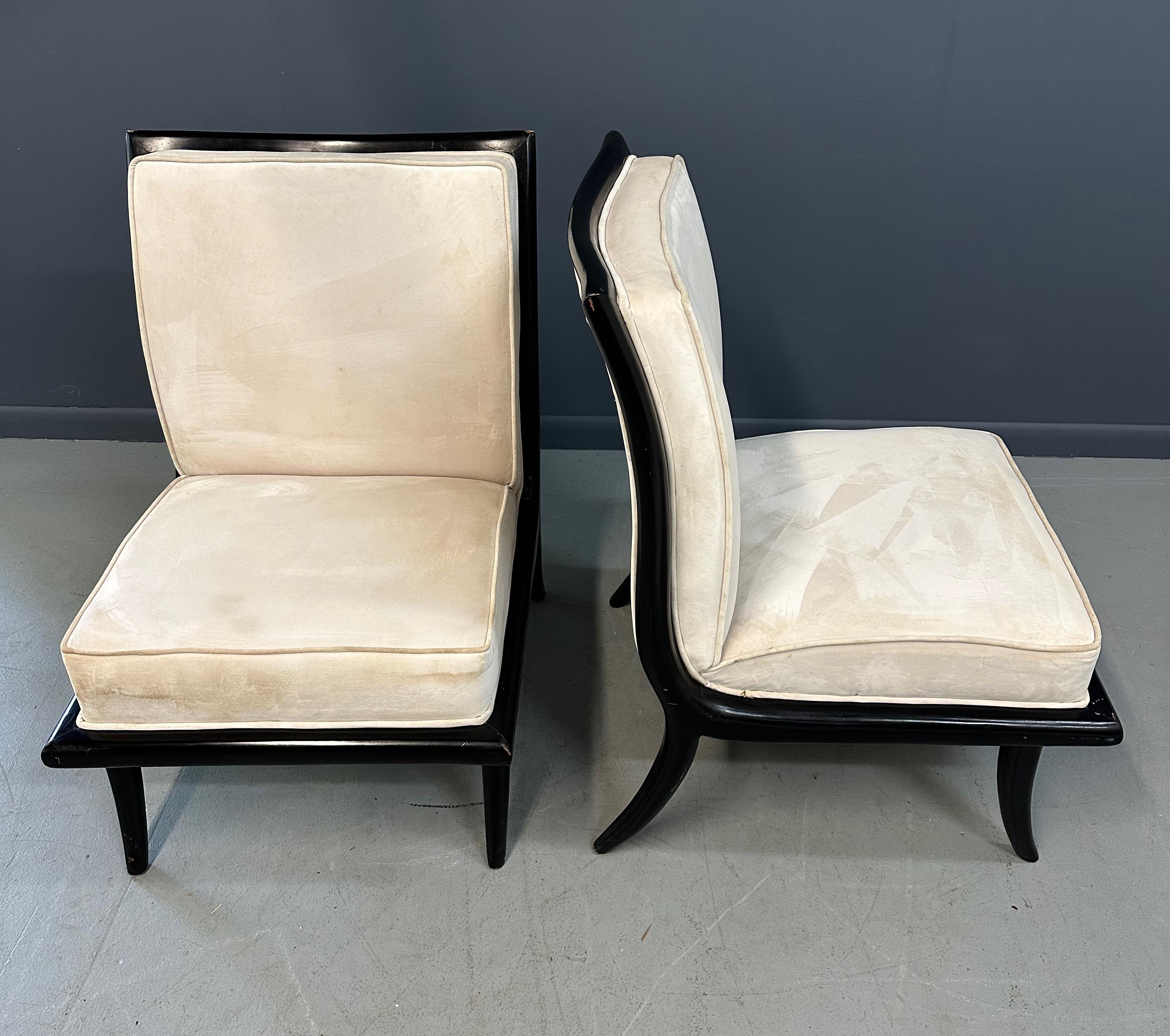 Mid Century Ebonized Slipper Chairs in the Style of Robsjohn-Gibbings For Sale 1