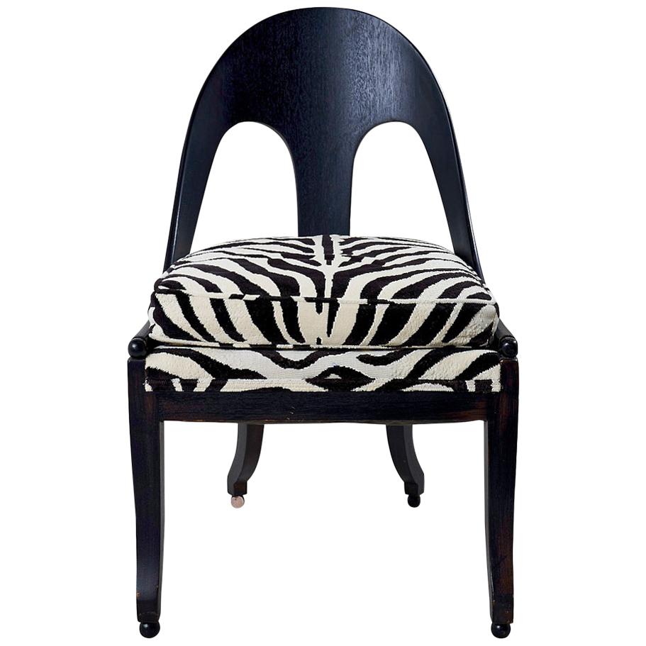 Mid Century Ebonized Vintage Spoon Chair Upholstered in Schumacher Fabric