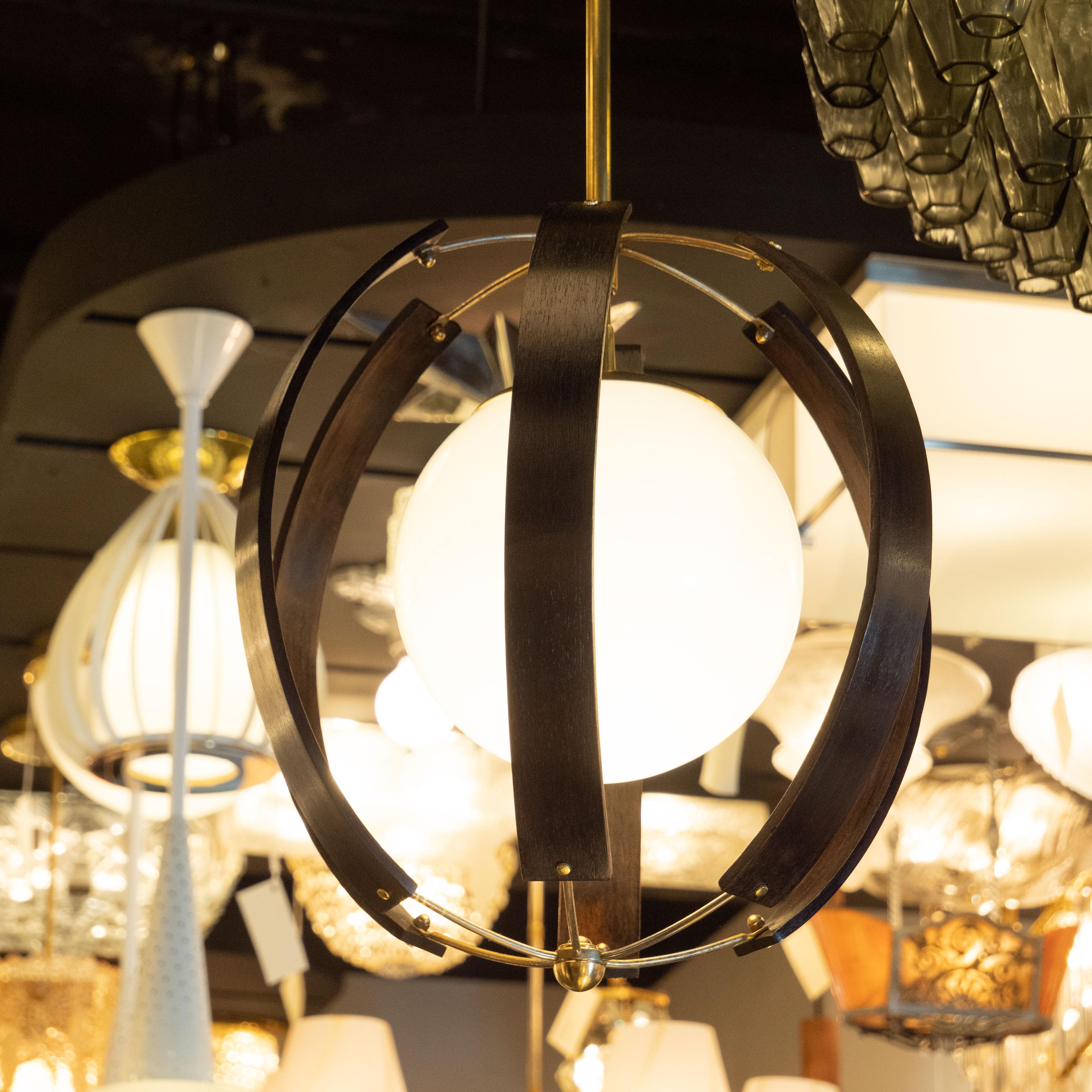 Mid-20th Century Midcentury Ebonized Walnut, Brass and Opaline Glass Chandelier by Lightolier