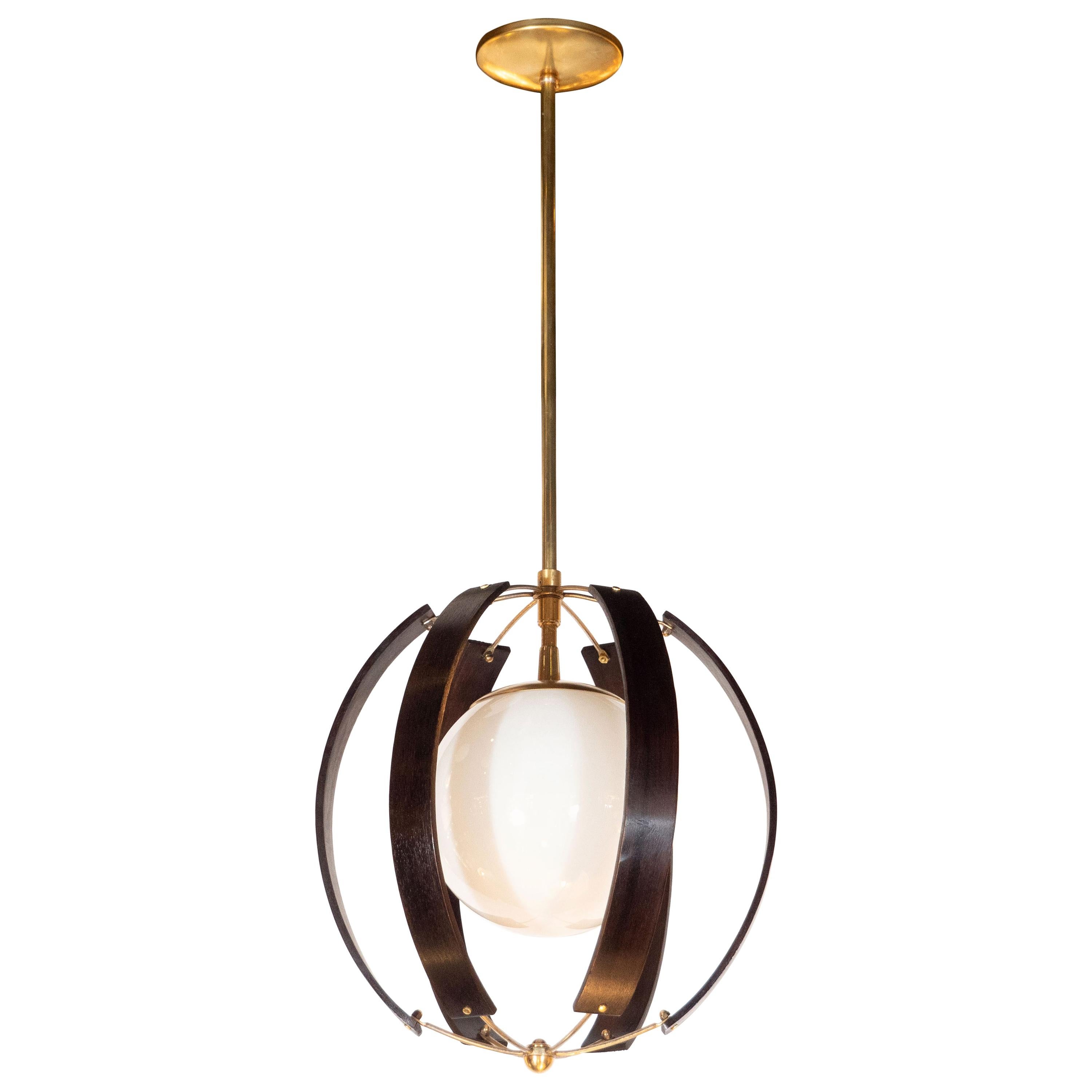 Midcentury Ebonized Walnut, Brass and Opaline Glass Chandelier by Lightolier