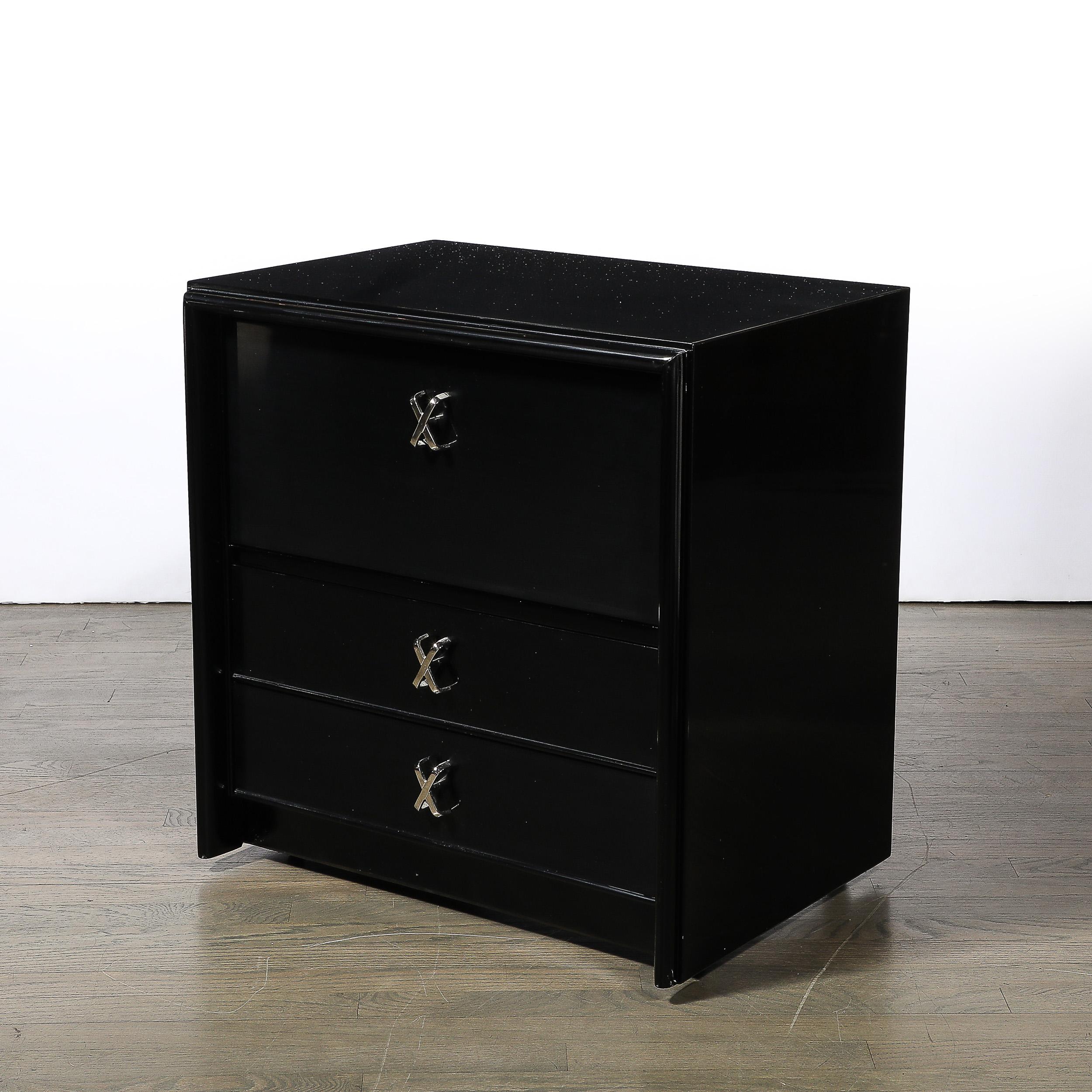 American Mid-Century Ebonized Walnut & Nickel X Form Pull Nightstands by Paul Frankl For Sale