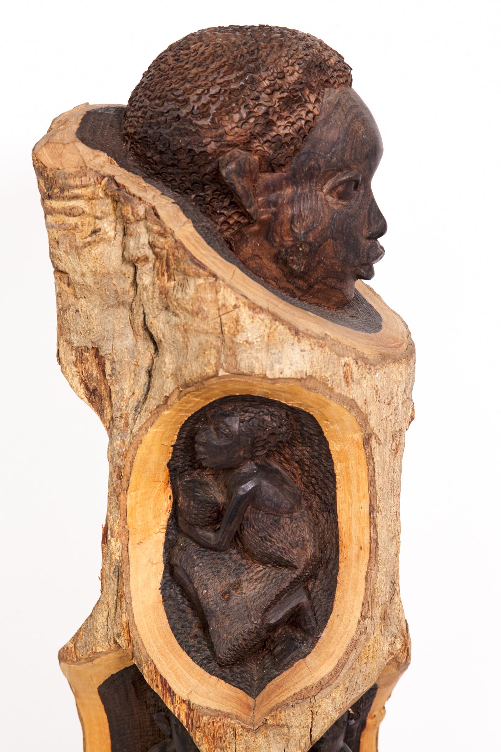 Tanzanian Midcentury Ebony and Bark Hand Carved Tree of Life Sculpture For Sale