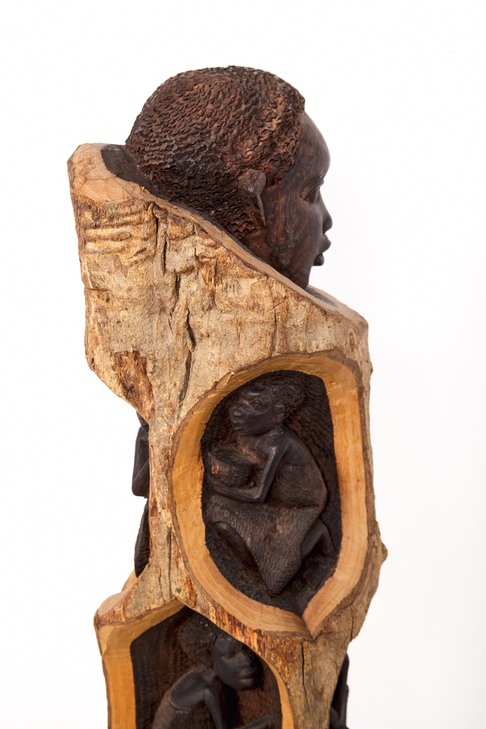 Midcentury Ebony and Bark Hand Carved Tree of Life Sculpture In Good Condition For Sale In Plymouth, MA