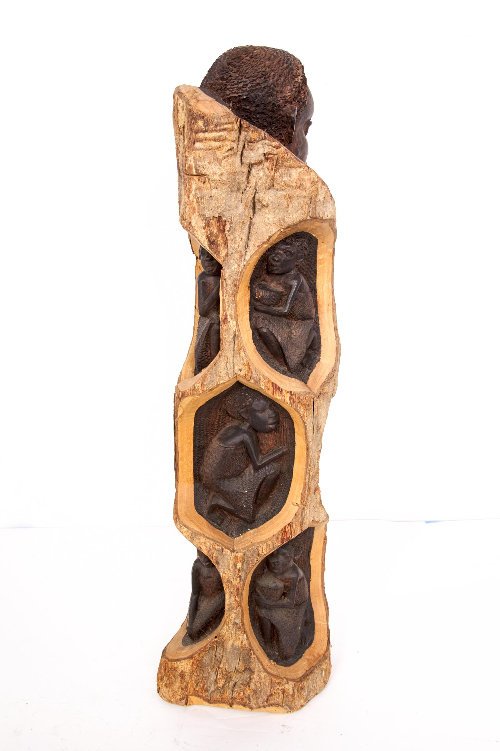 Mid-20th Century Midcentury Ebony and Bark Hand Carved Tree of Life Sculpture For Sale