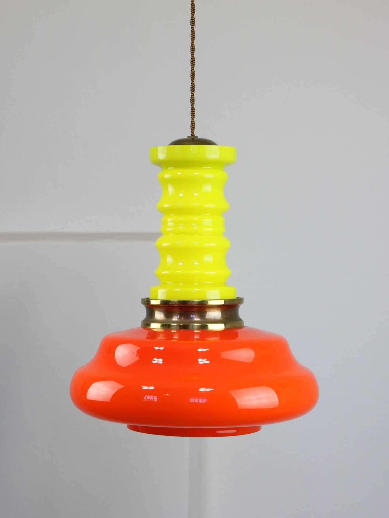 Mid-Century Eclectic Neon Glass and Brass Pendant Lamp For Sale 6
