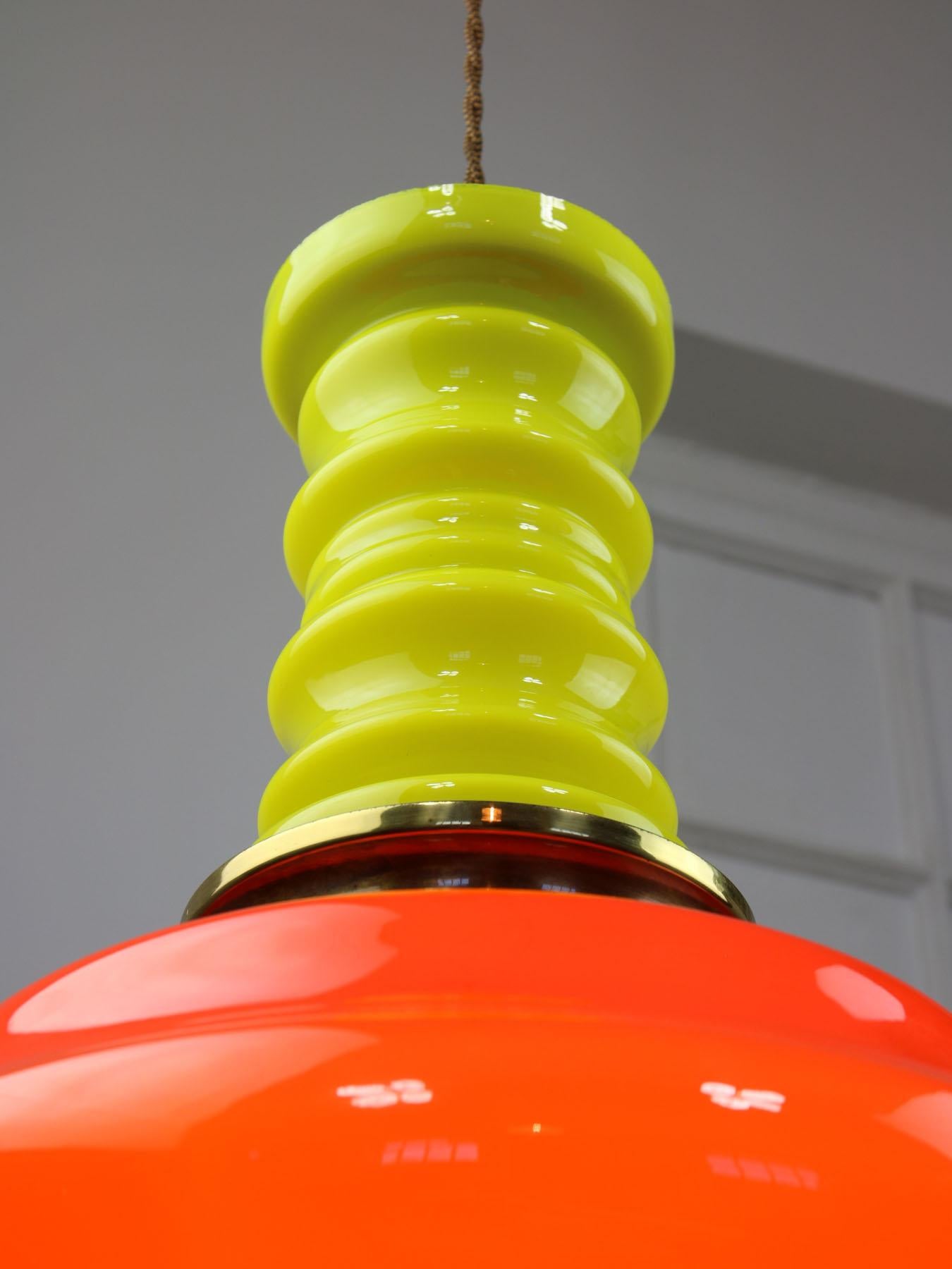 Mid-Century Modern Mid-Century Eclectic Neon Glass and Brass Pendant Lamp For Sale
