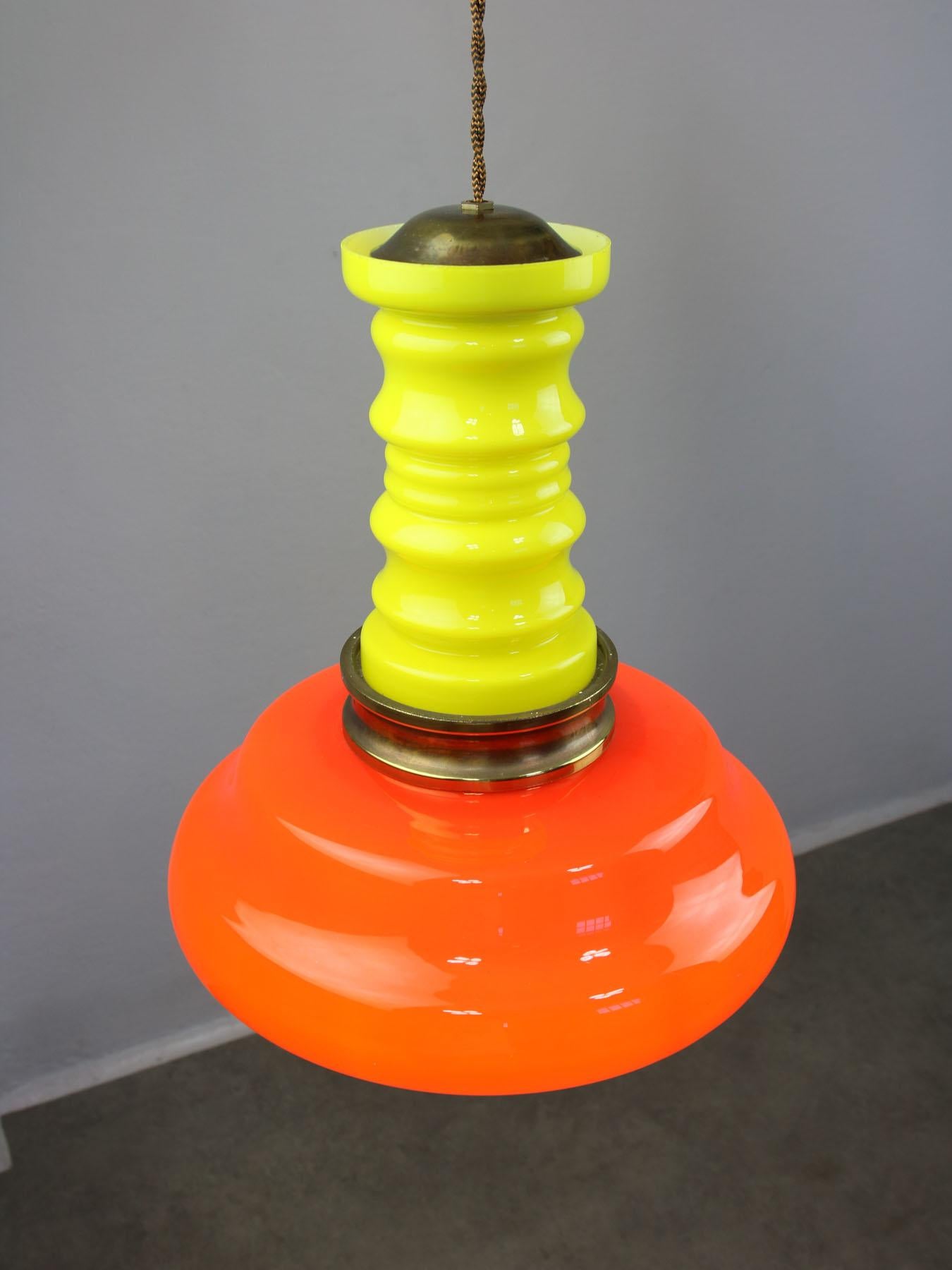 Mid-20th Century Mid-Century Eclectic Neon Glass and Brass Pendant Lamp For Sale