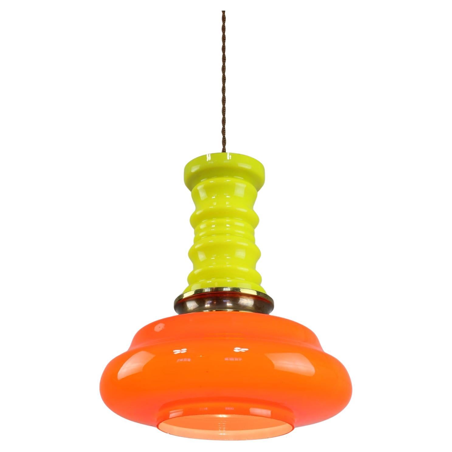 Mid-Century Eclectic Neon Glass and Brass Pendant Lamp For Sale