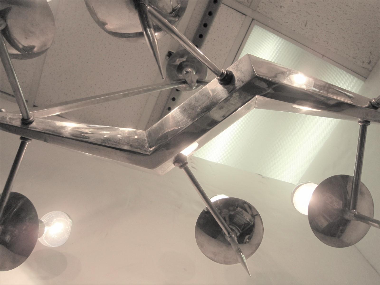 Midcentury, Edgy Polished Nickel Six-Light Chandelier, Style of Yonel Lebovici For Sale 3