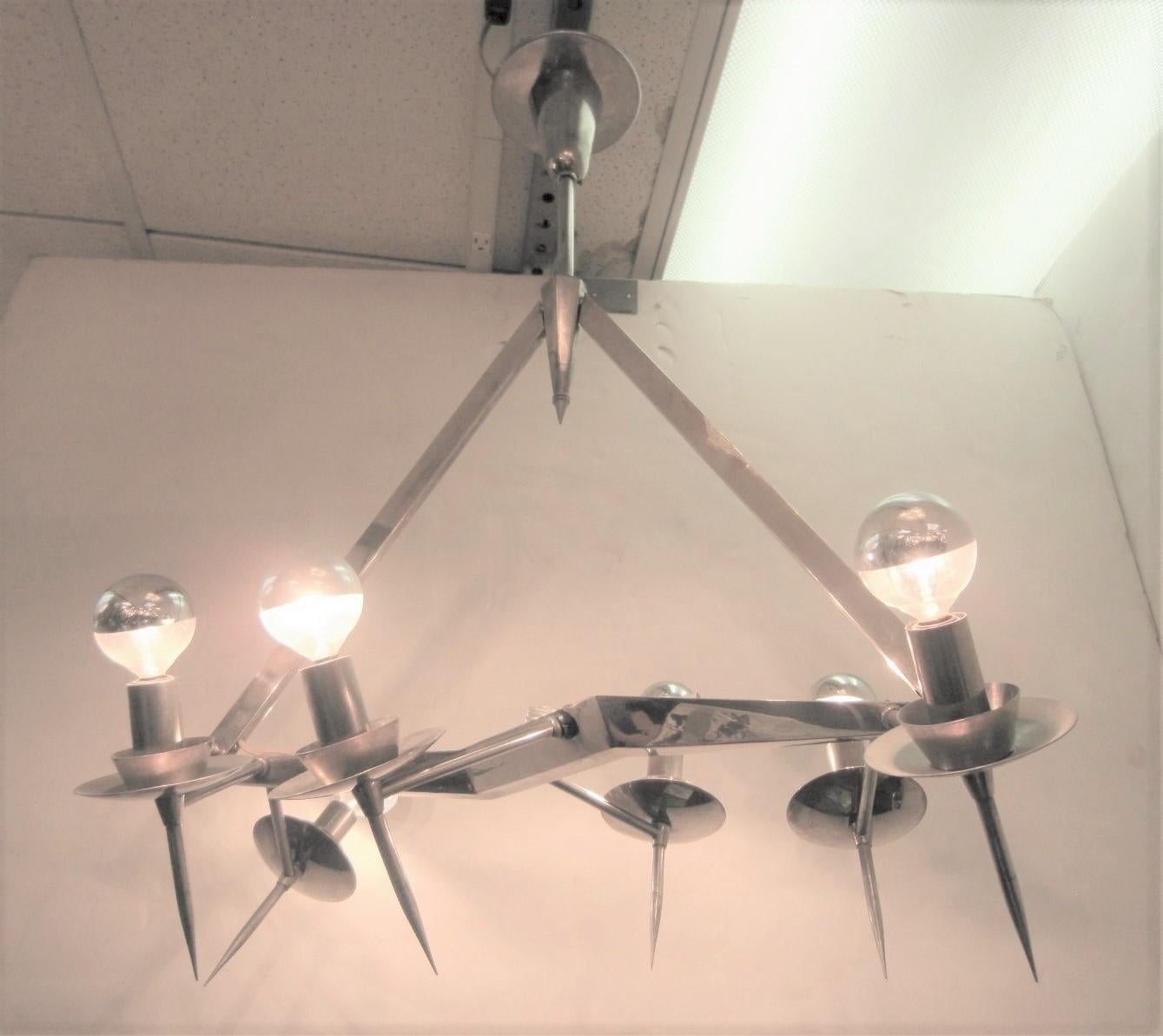 Midcentury, Edgy Polished Nickel Six-Light Chandelier, Style of Yonel Lebovici For Sale 5