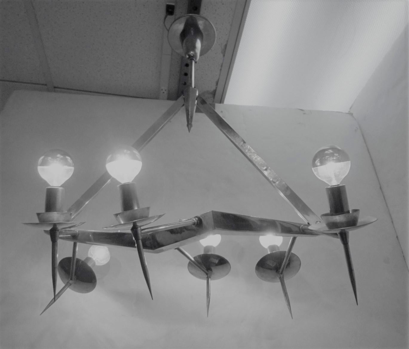 French Midcentury, Edgy Polished Nickel Six-Light Chandelier, Style of Yonel Lebovici For Sale