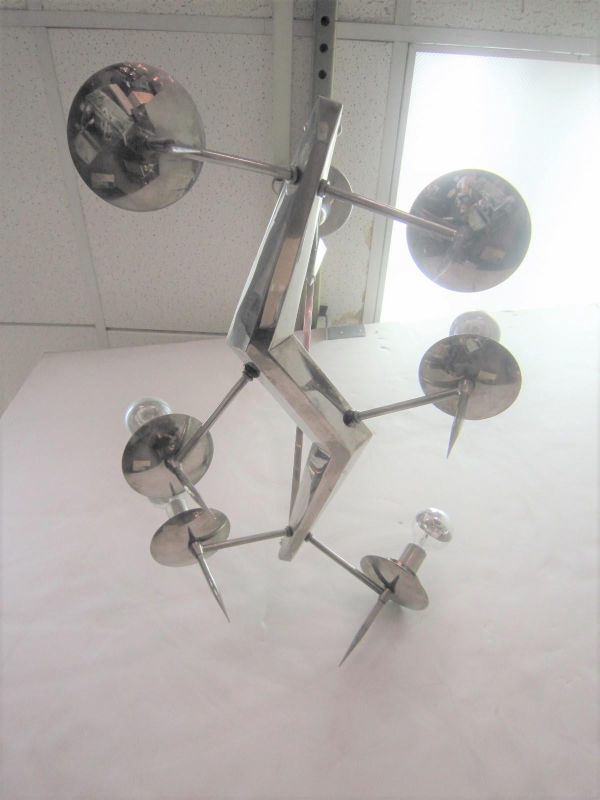 Midcentury, Edgy Polished Nickel Six-Light Chandelier, Style of Yonel Lebovici In Good Condition For Sale In New York City, NY
