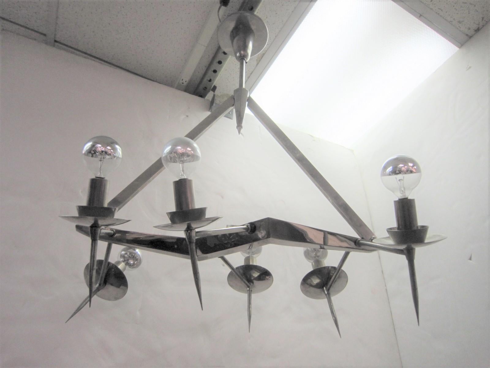20th Century Midcentury, Edgy Polished Nickel Six-Light Chandelier, Style of Yonel Lebovici For Sale