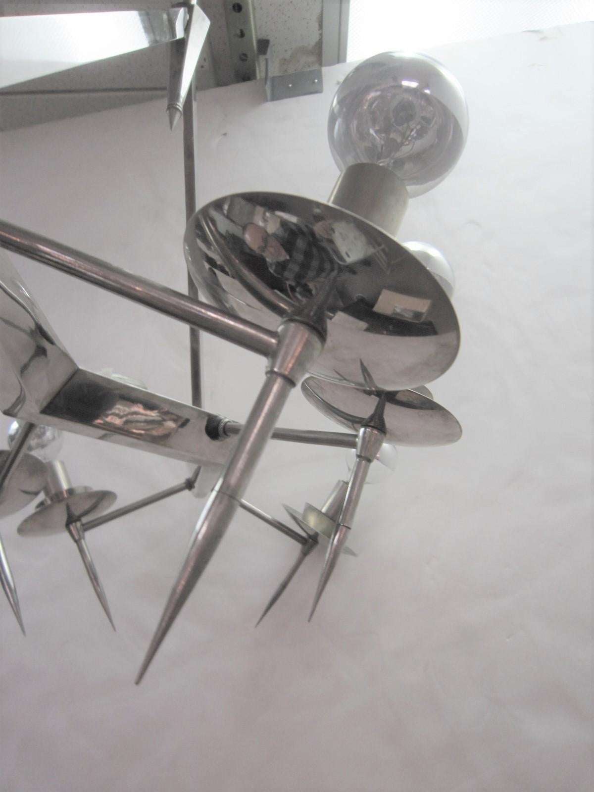 Midcentury, Edgy Polished Nickel Six-Light Chandelier, Style of Yonel Lebovici For Sale 2