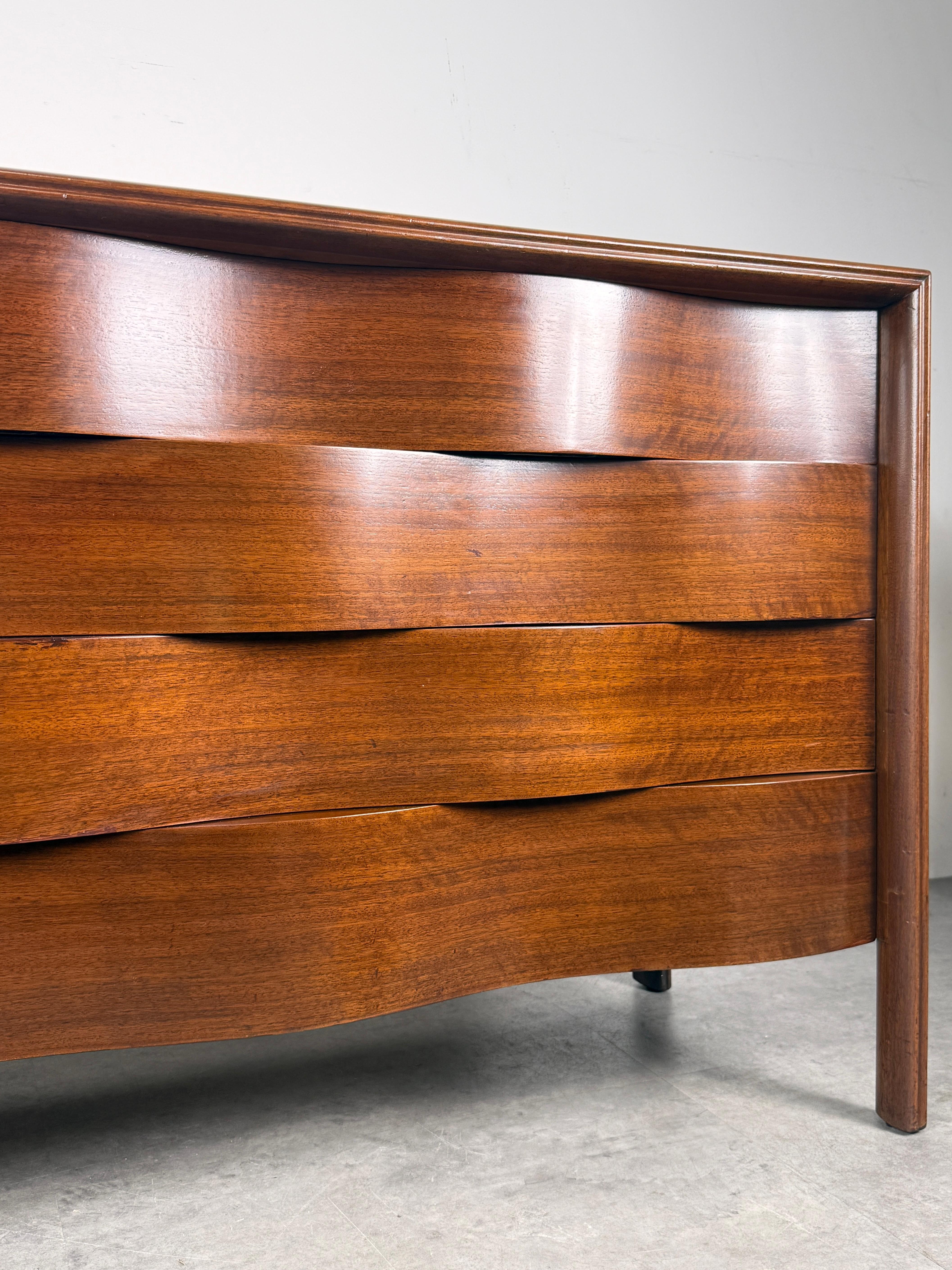 Mid Century Edmond J Spence Wave Front Eight Drawer Dresser Cabinet Sweden 1950s In Good Condition In Troy, MI