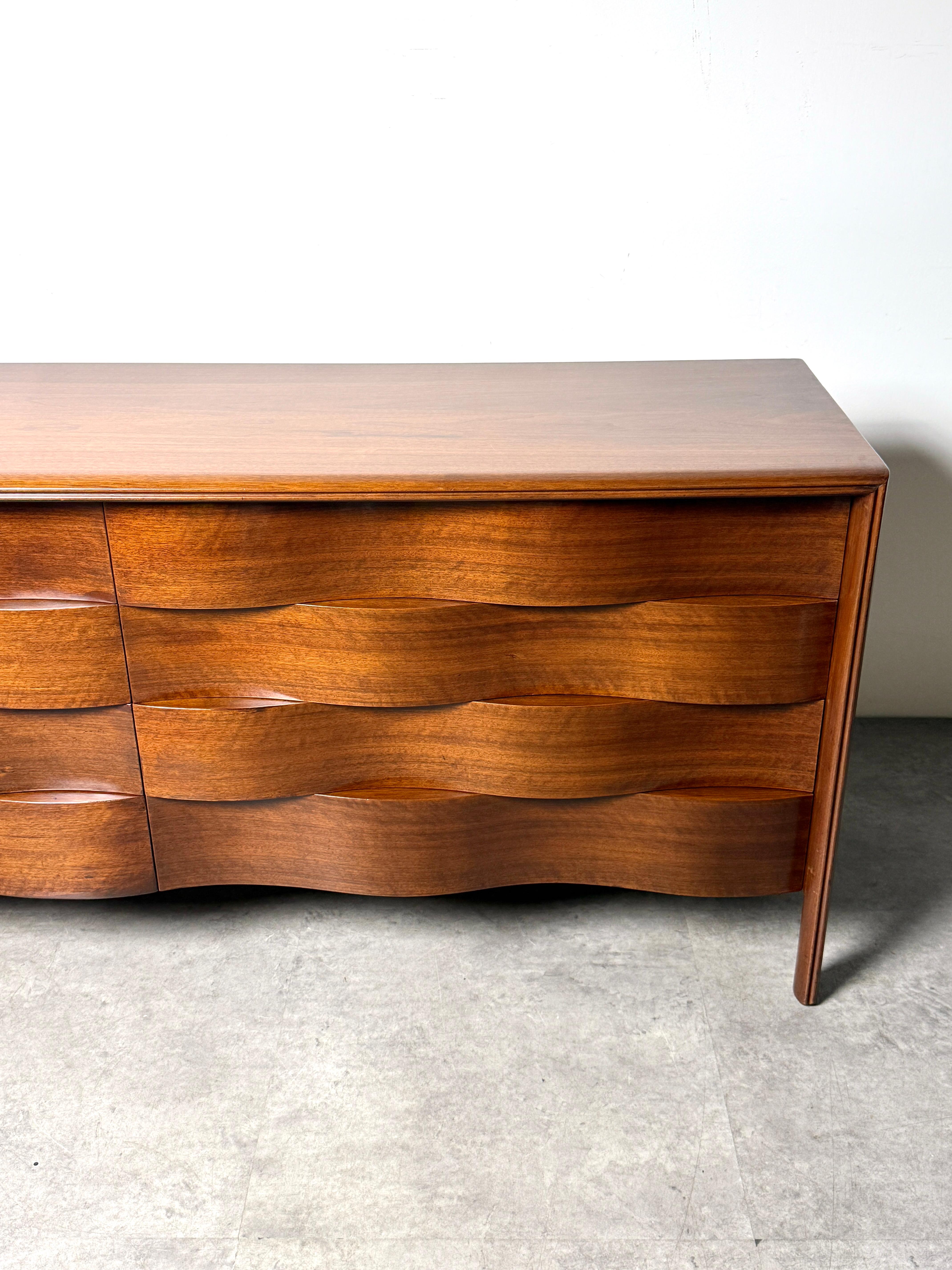 20th Century Mid Century Edmond J Spence Wave Front Eight Drawer Dresser Cabinet Sweden 1950s