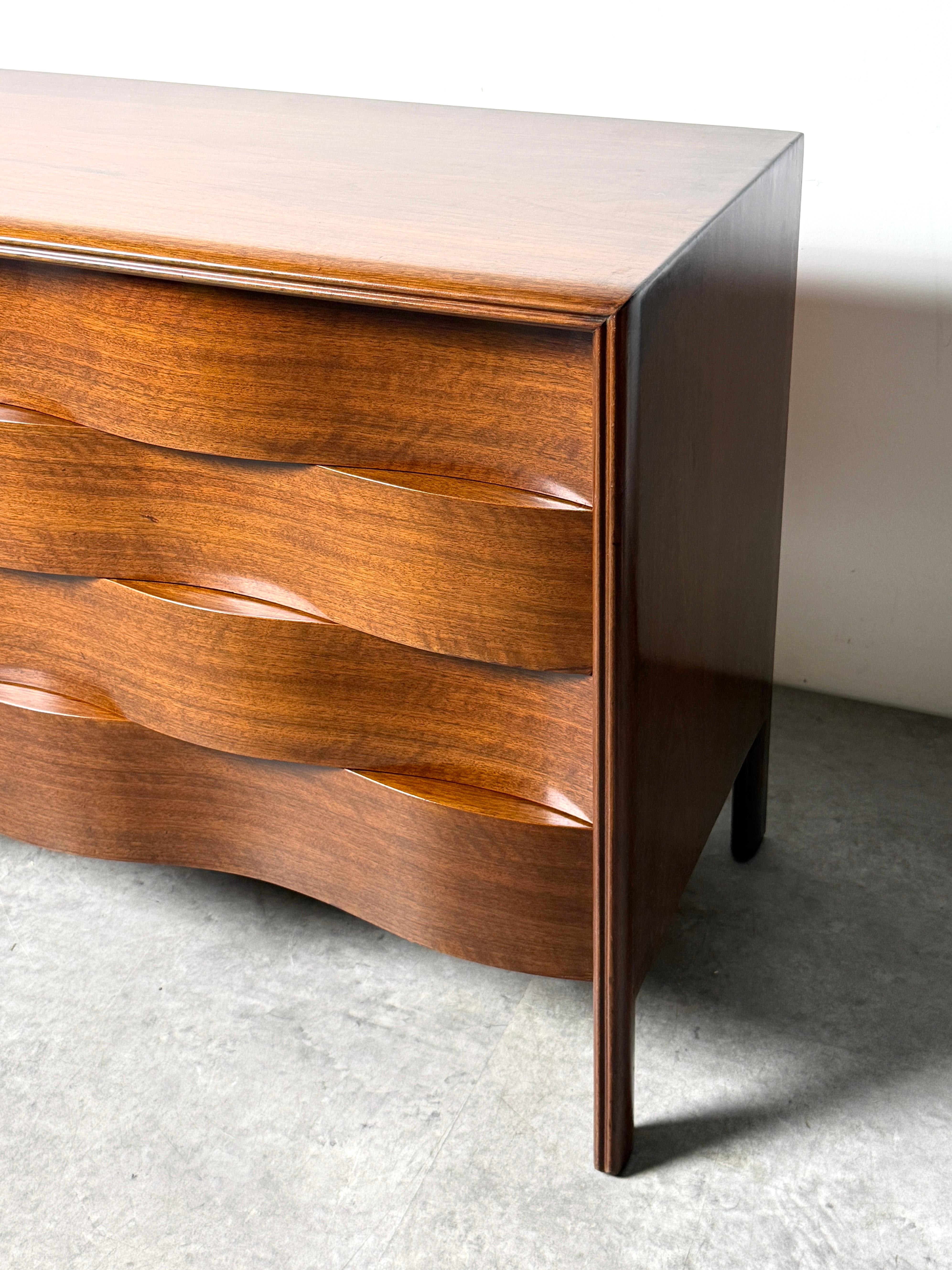 Walnut Mid Century Edmond J Spence Wave Front Eight Drawer Dresser Cabinet Sweden 1950s