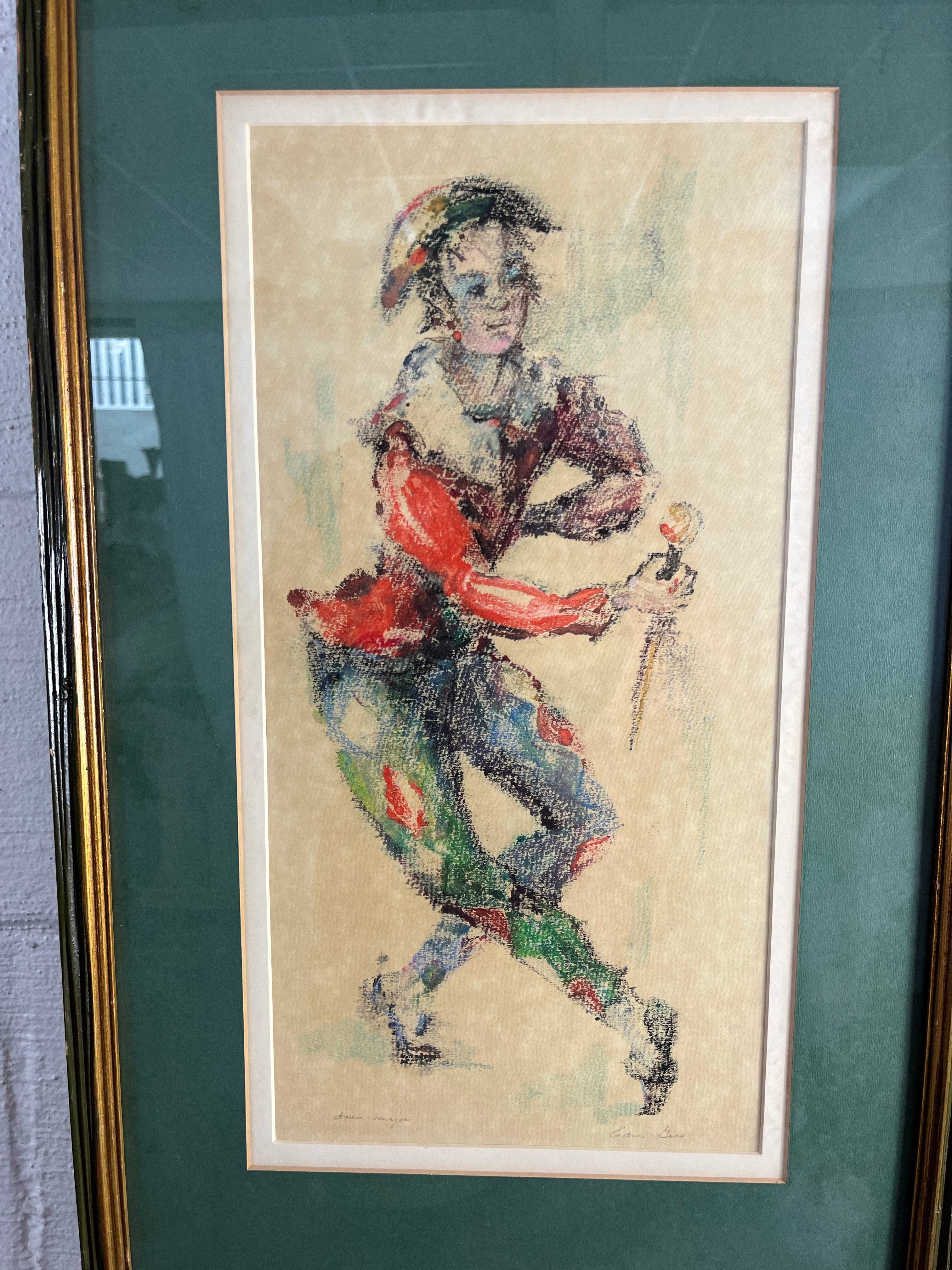 Schönes Werk der amerikanischen Impressionistin Edna Gass, New Hope School. Titel - Drama Major. Das Bild zeigt eine Figur, die wunderbar in einem farbenfrohen Harlekin-Narrenkostüm gekleidet ist. Großartiger Ausdruck und Bewegung. Mit Bleistift