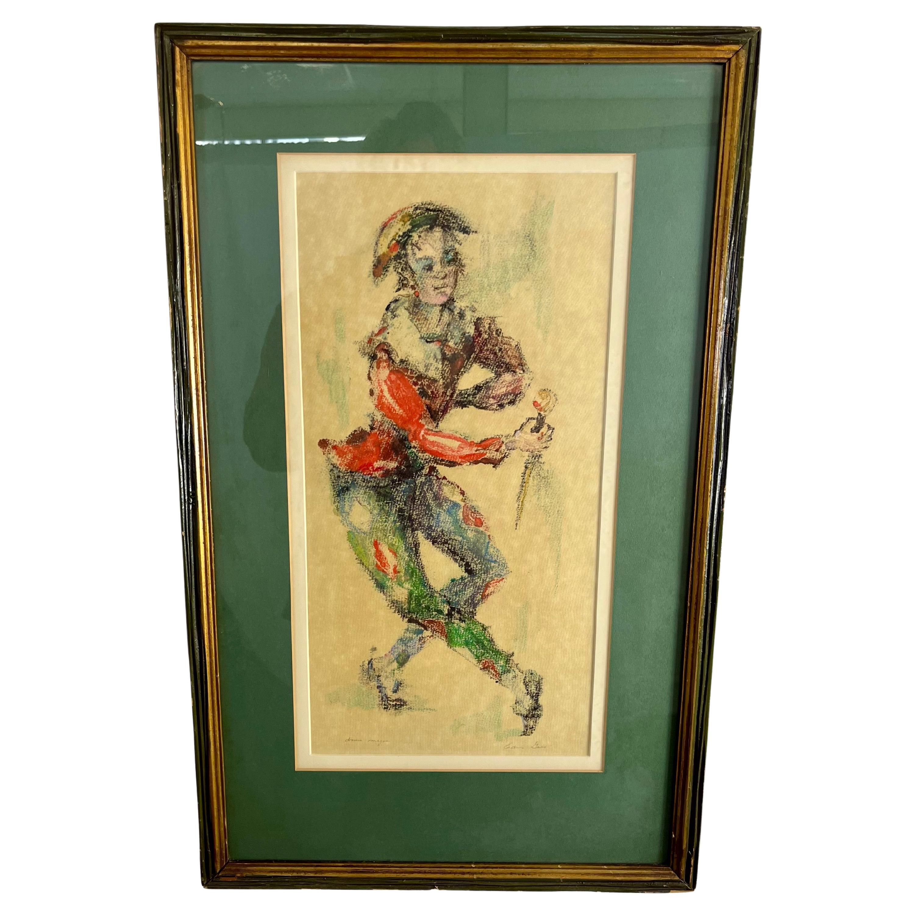 Mid Century Edna Gass Harlequin Jester Painting Drama Major