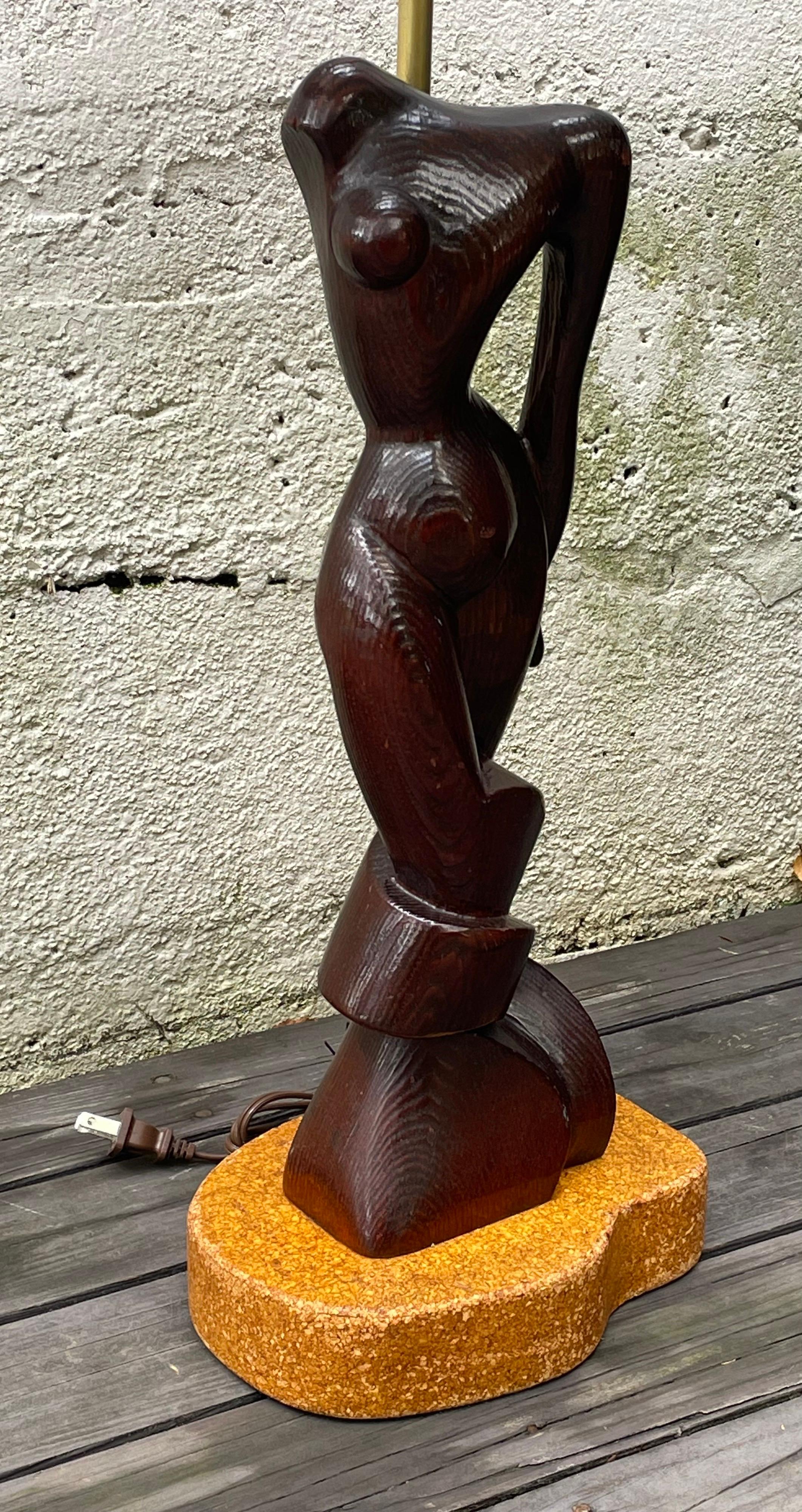 Mid-Century Modern Mid Century Edward Stasack Carved Wood Sculptural Female Table Lamp, Signed For Sale
