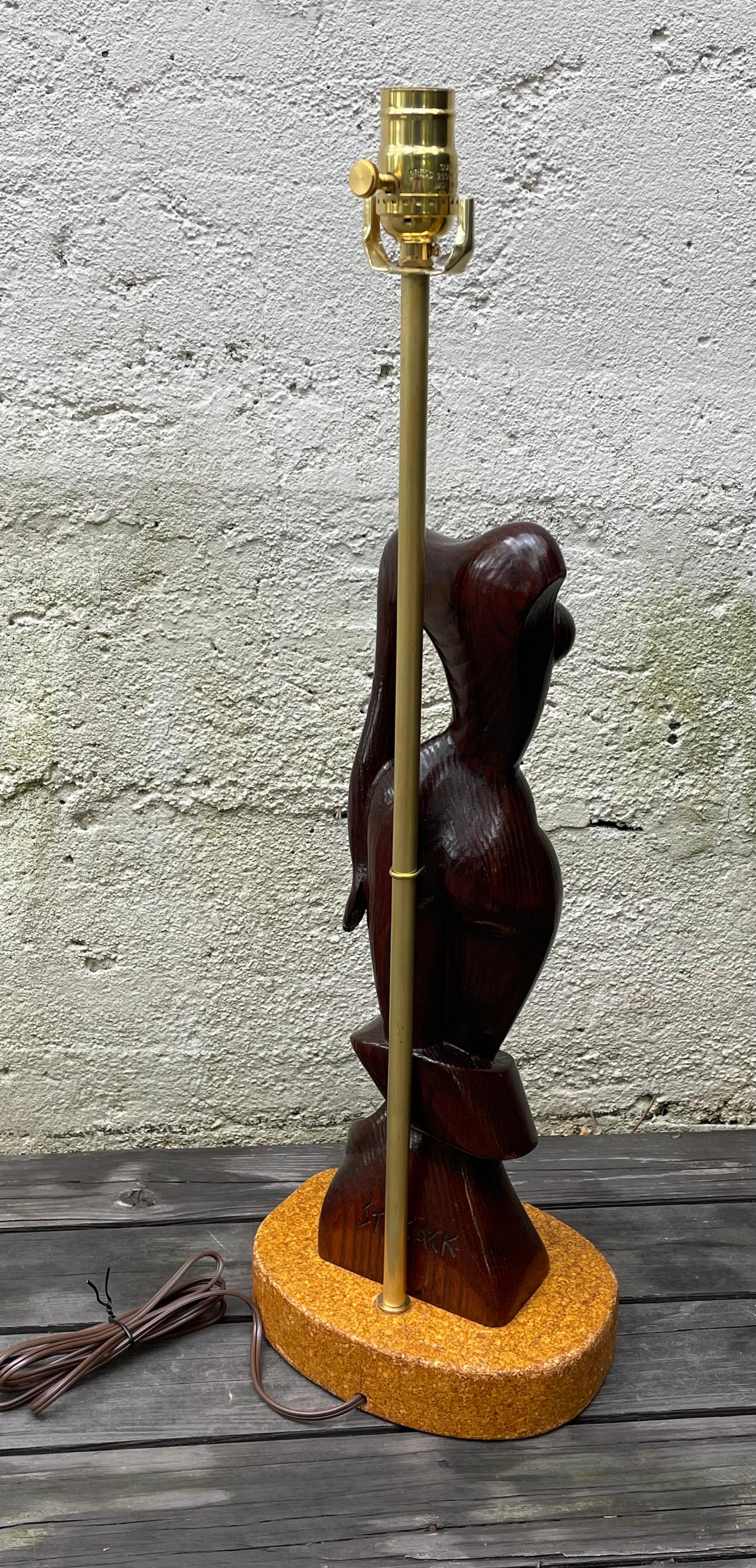 American Mid Century Edward Stasack Carved Wood Sculptural Female Table Lamp, Signed For Sale