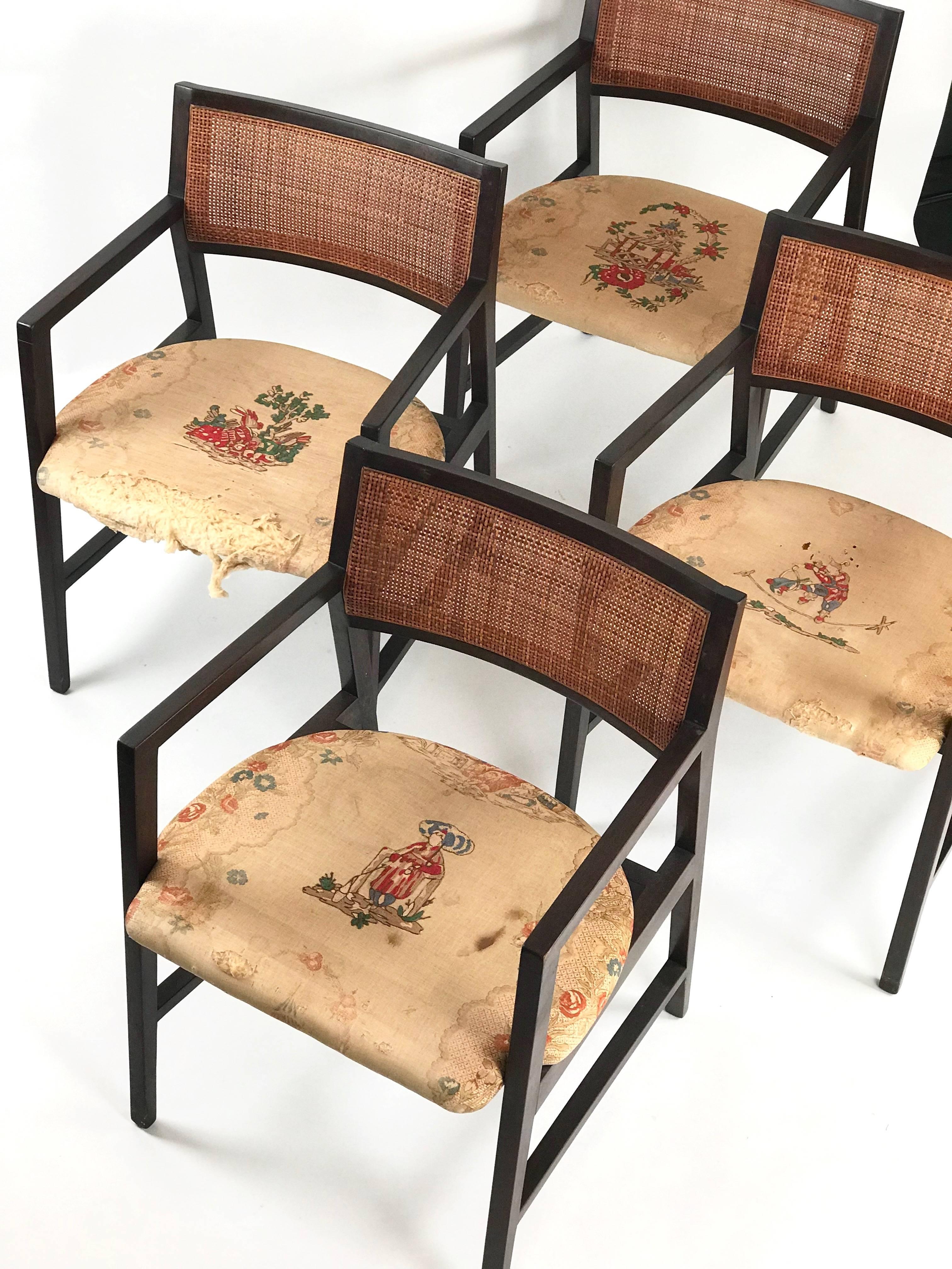 This a exceptional set of eight Edward Wormley for Dunbar model #431 chairs in overall fine vintage condition. The caning is in almost perfect condition as is the wood, which is stained dark walnut. The seats need new upholstery but the vintage