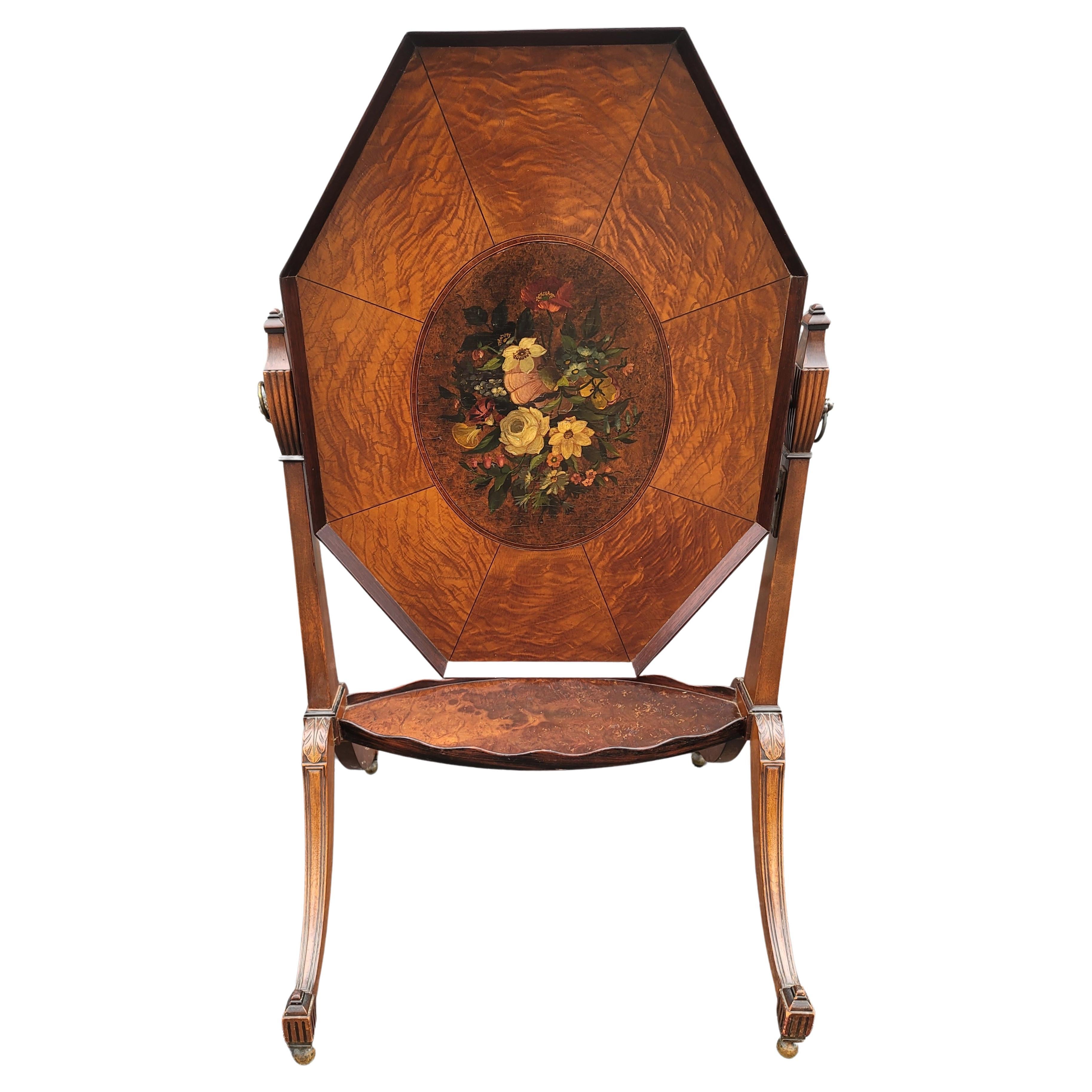 20th Century Mid-Century Edwardian Style 2-Tier Burl Walnut and Hand-Painted Tray Table For Sale