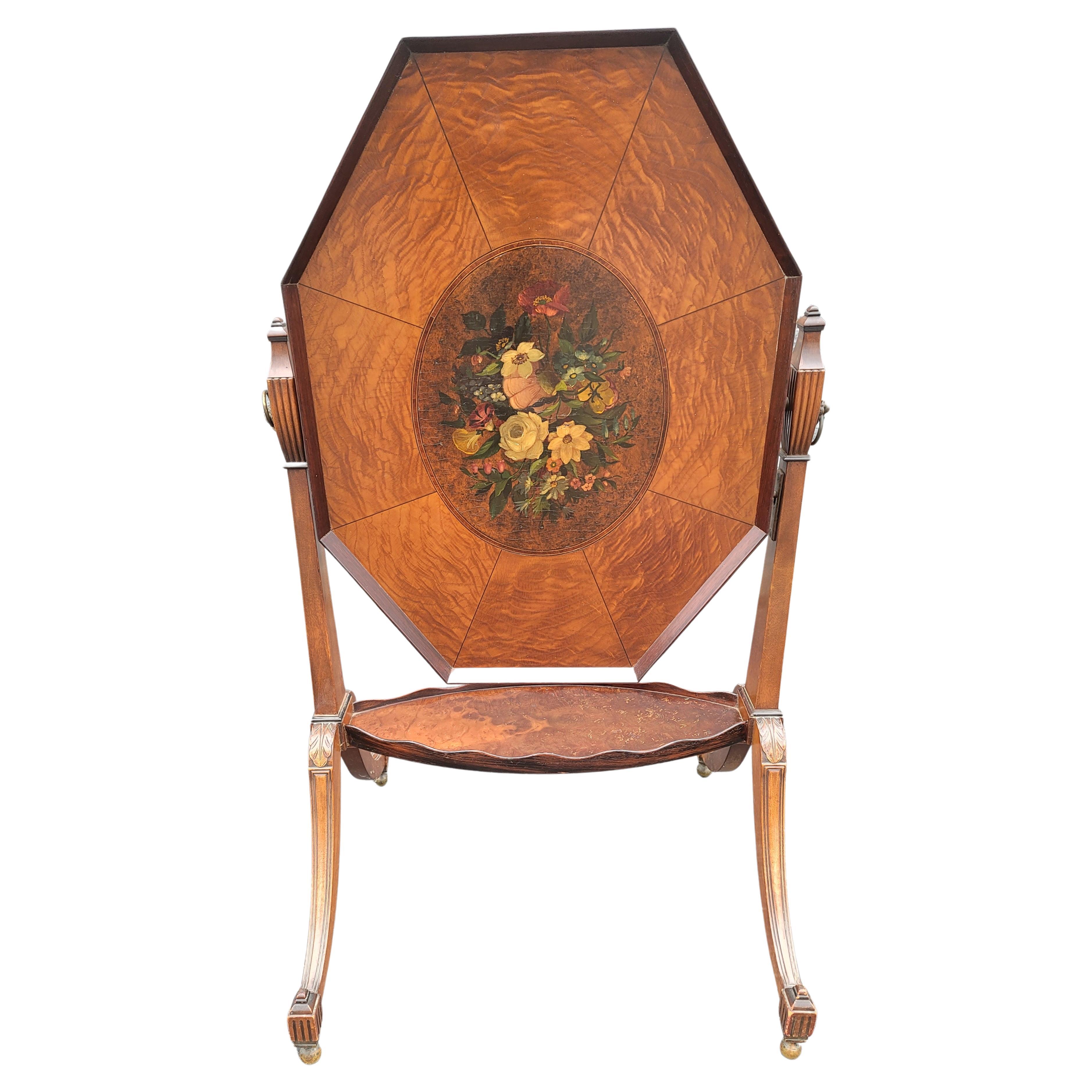 Mid-Century Edwardian Style 2-Tier Burl Walnut and Hand-Painted Tray Table For Sale 1