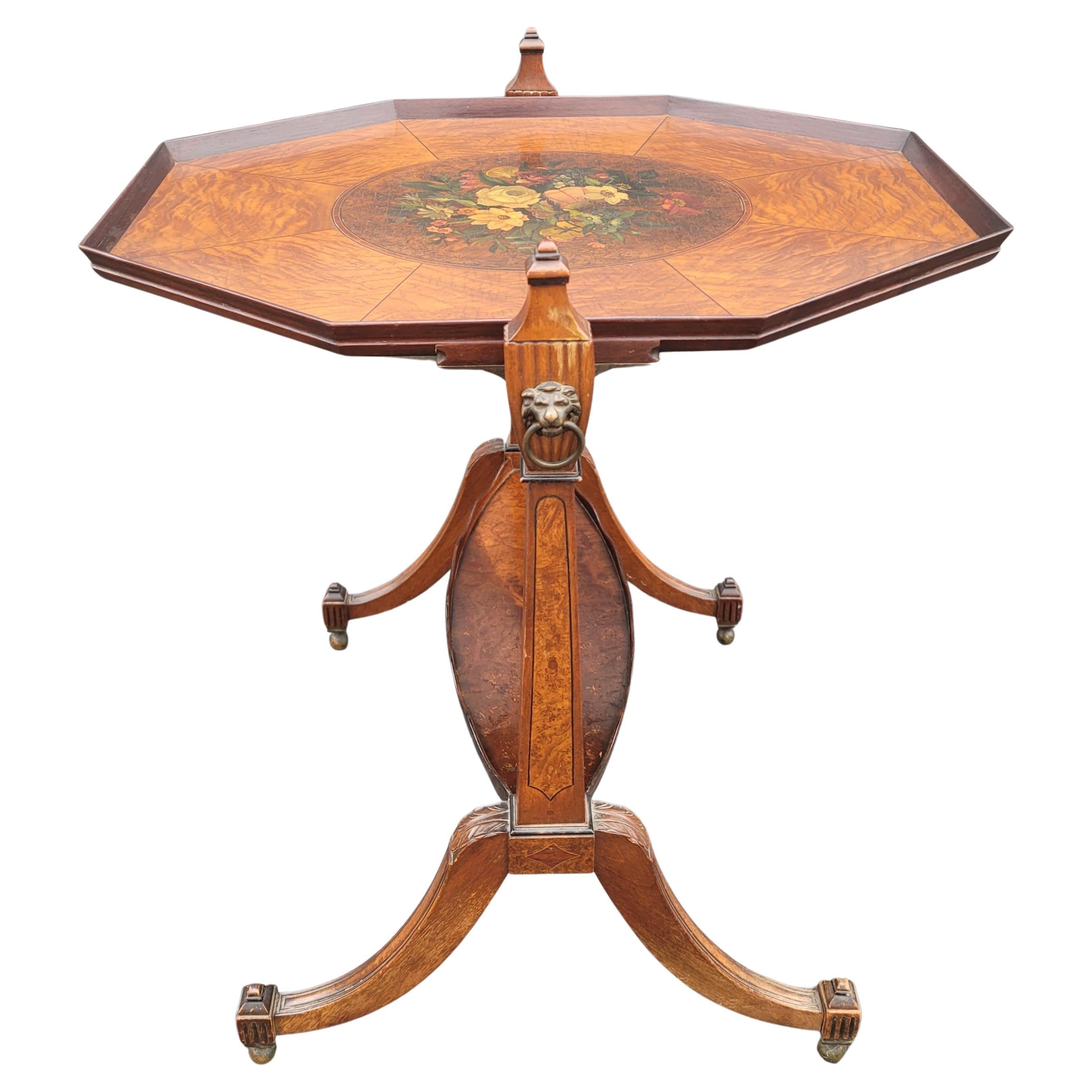 Mid-Century Edwardian Style 2-Tier Burl Walnut and Hand-Painted Tray Table For Sale