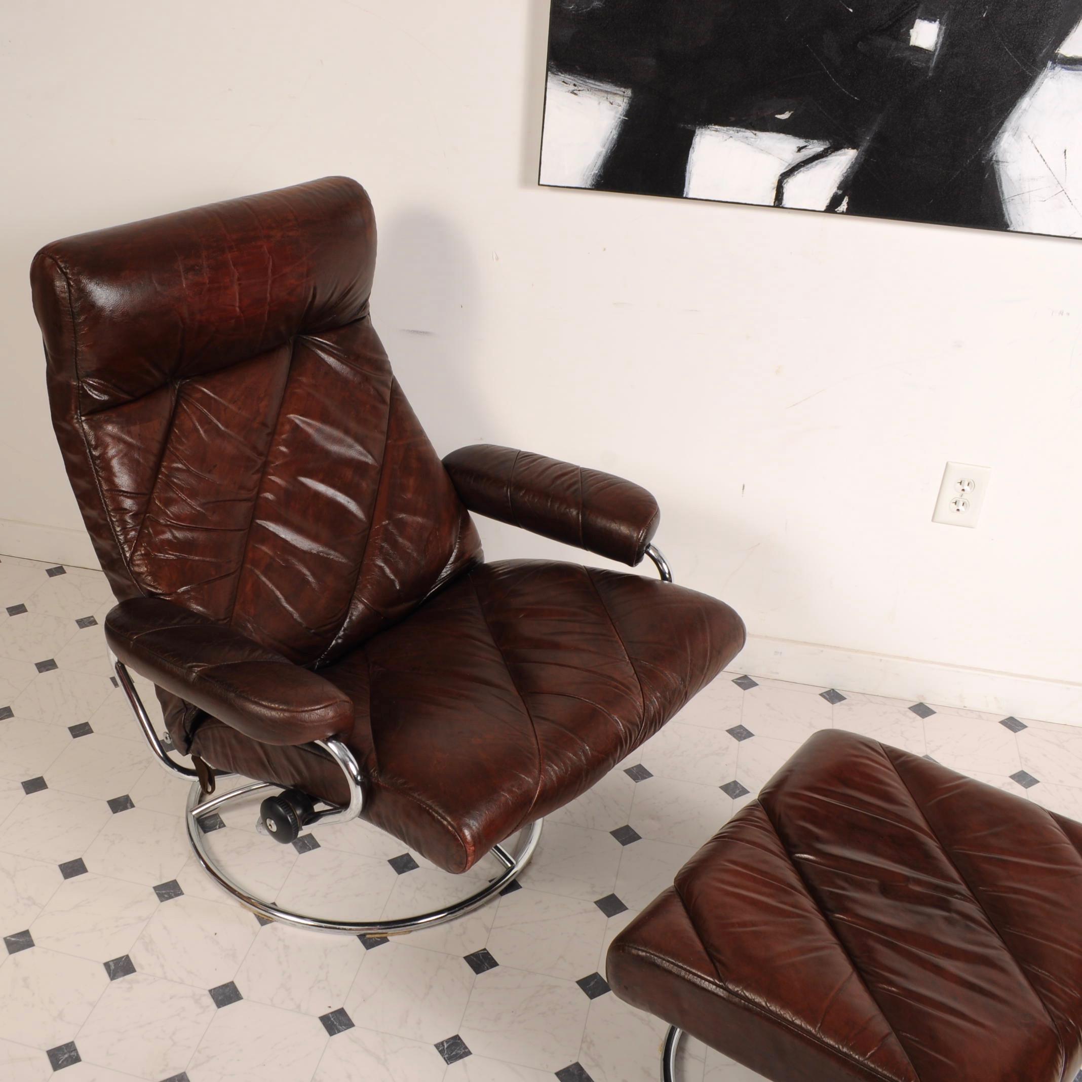 Danish Midcentury Ekornes Stressless Brown Leather Lounge Chair and Ottoman For Sale
