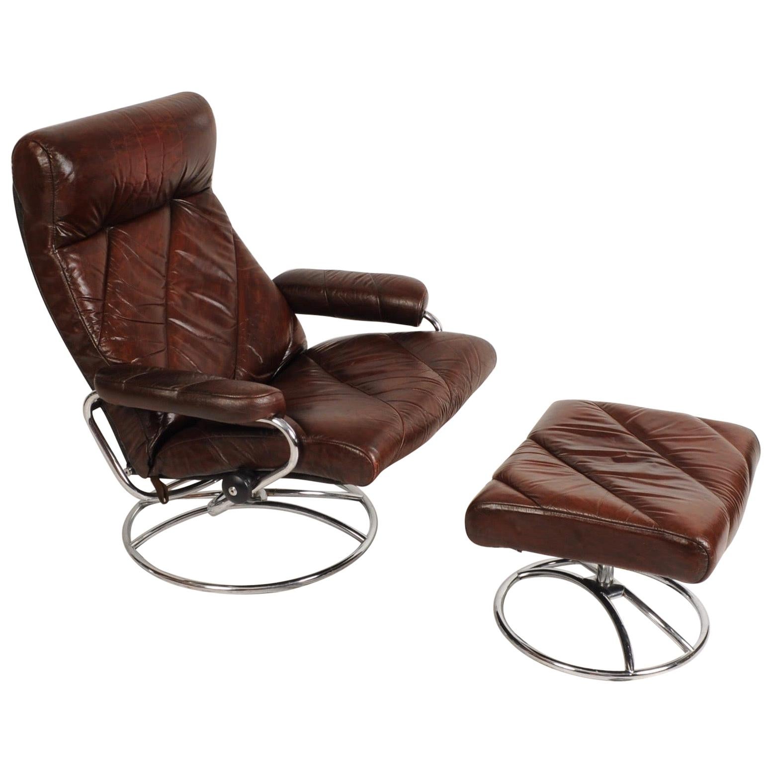 Midcentury Ekornes Stressless Brown Leather Lounge Chair and Ottoman For Sale