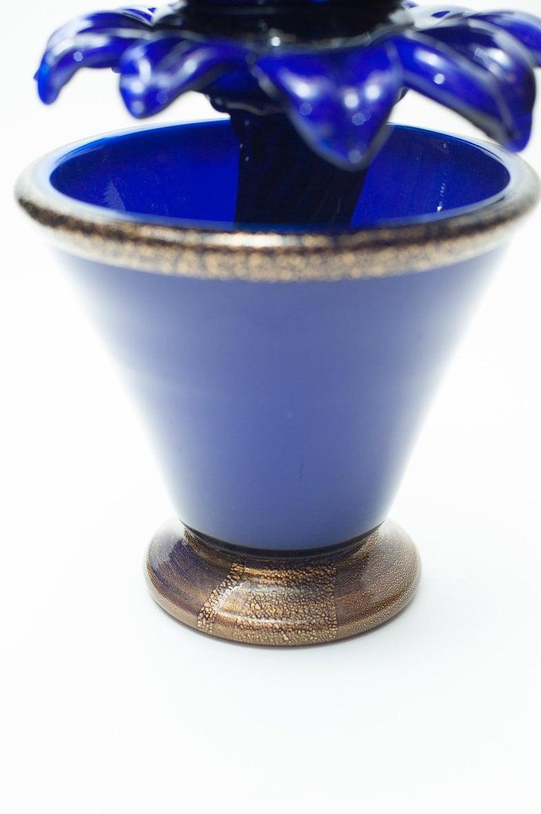 Italian Mid Century Electric Blue Hand Blown Murano Glass Flower Sculpture For Sale