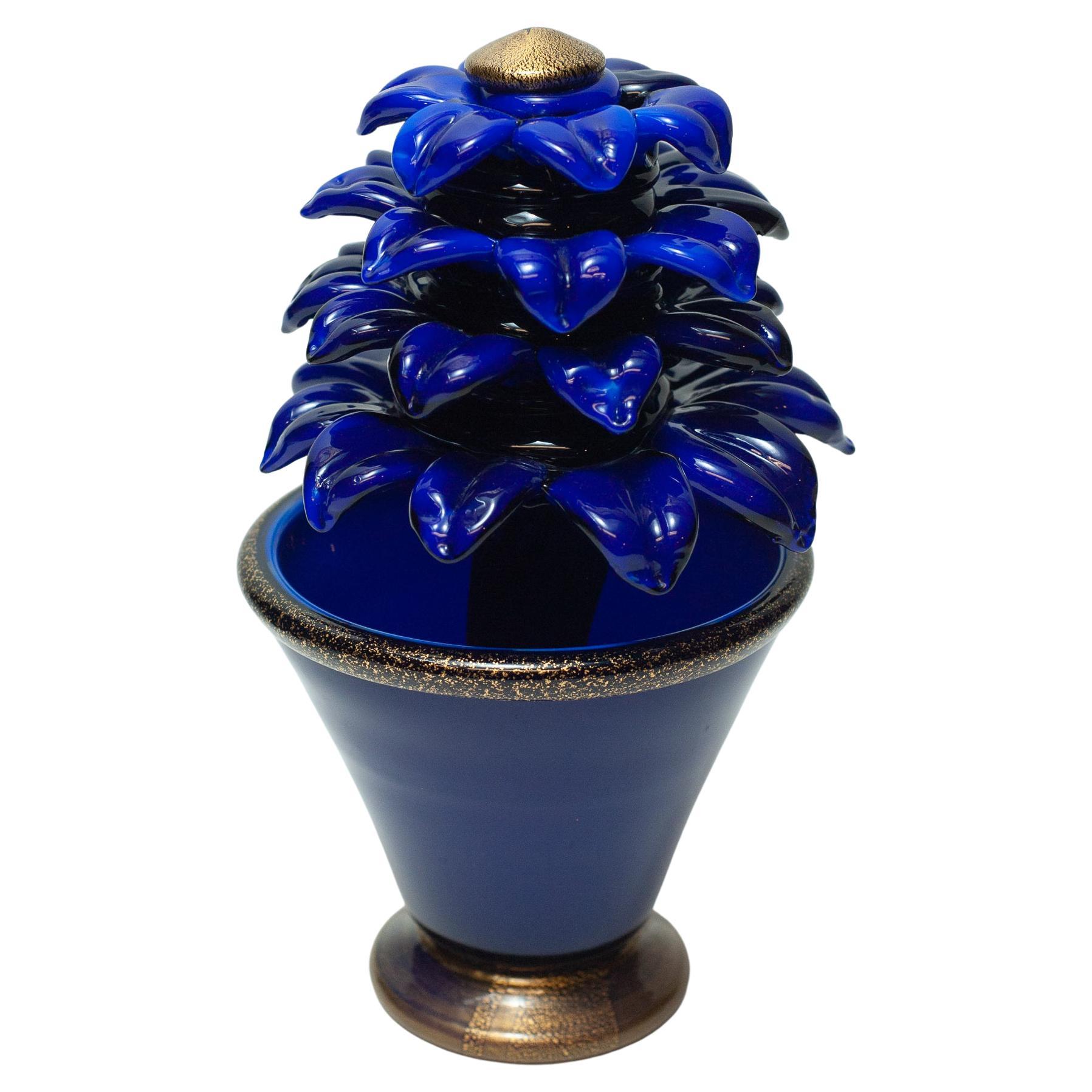 Mid Century Electric Blue Hand Blown Murano Glass Flower Sculpture