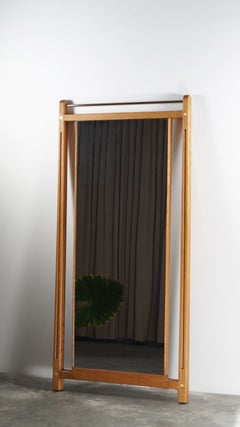 Mid-century elegant solid wood full-length floor mirror with solid brass