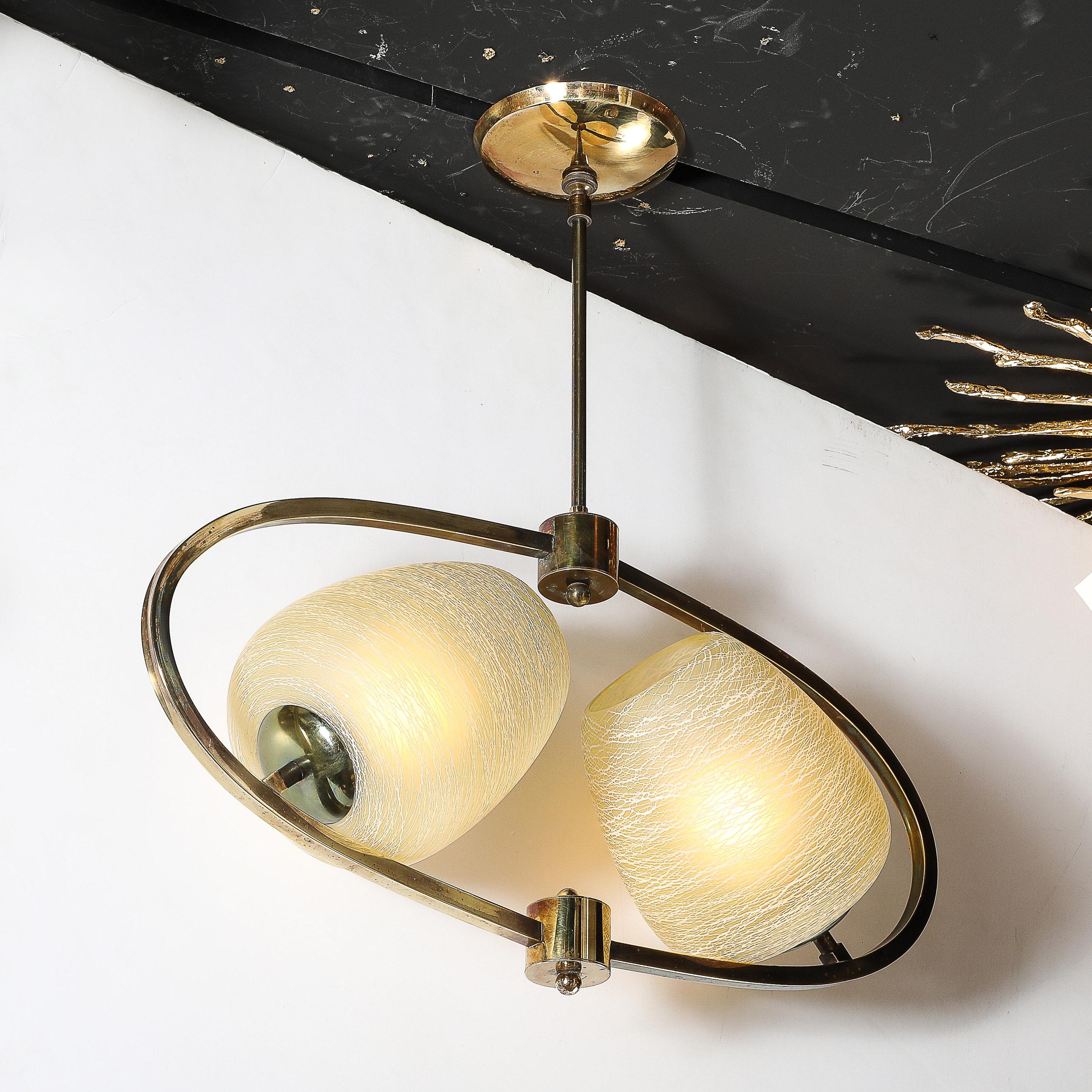 Mid-Century Elliptical Chandelier w/ Striated Spun Glass Shades in Antique Brass For Sale 4