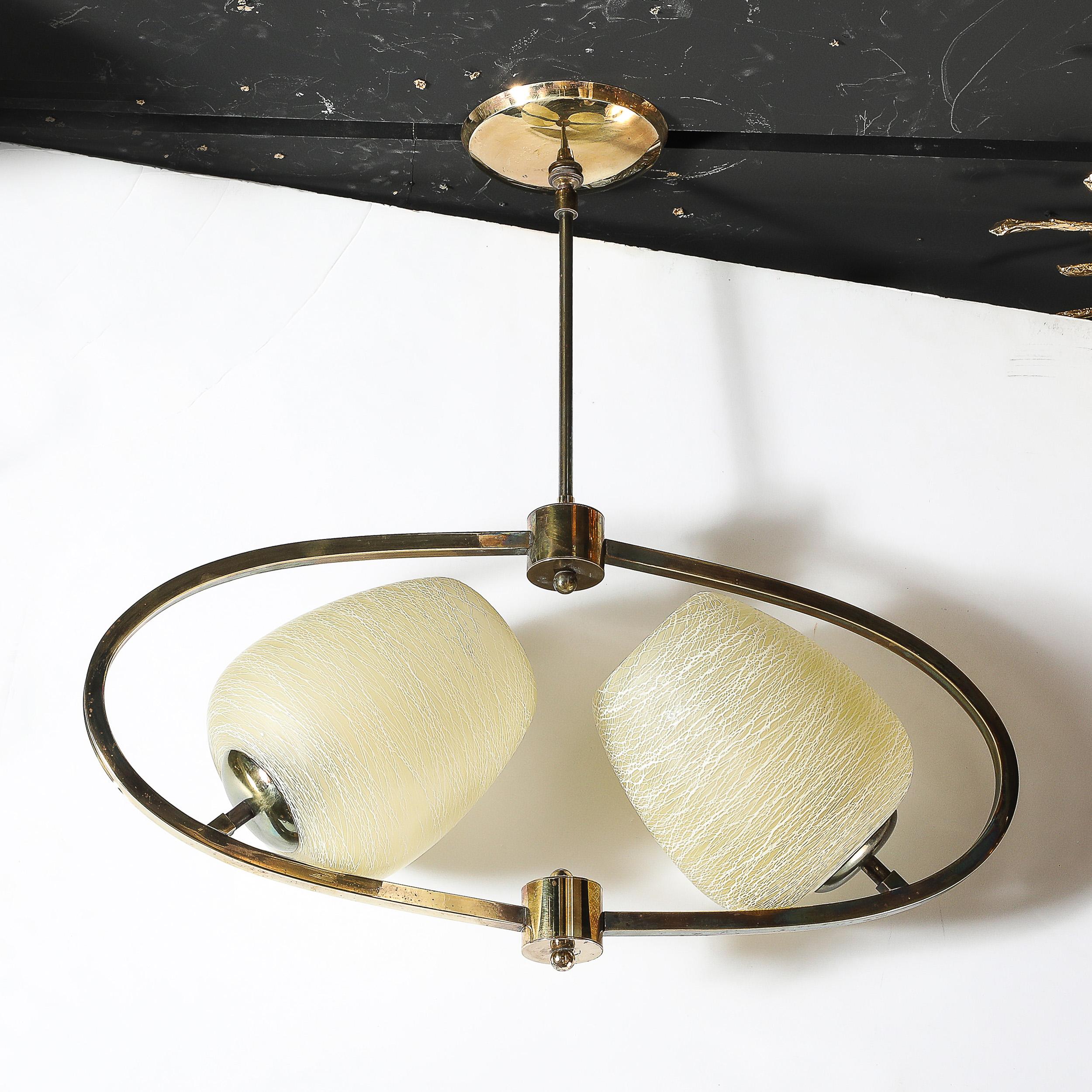 Mid-Century Elliptical Chandelier w/ Striated Spun Glass Shades in Antique Brass For Sale 5