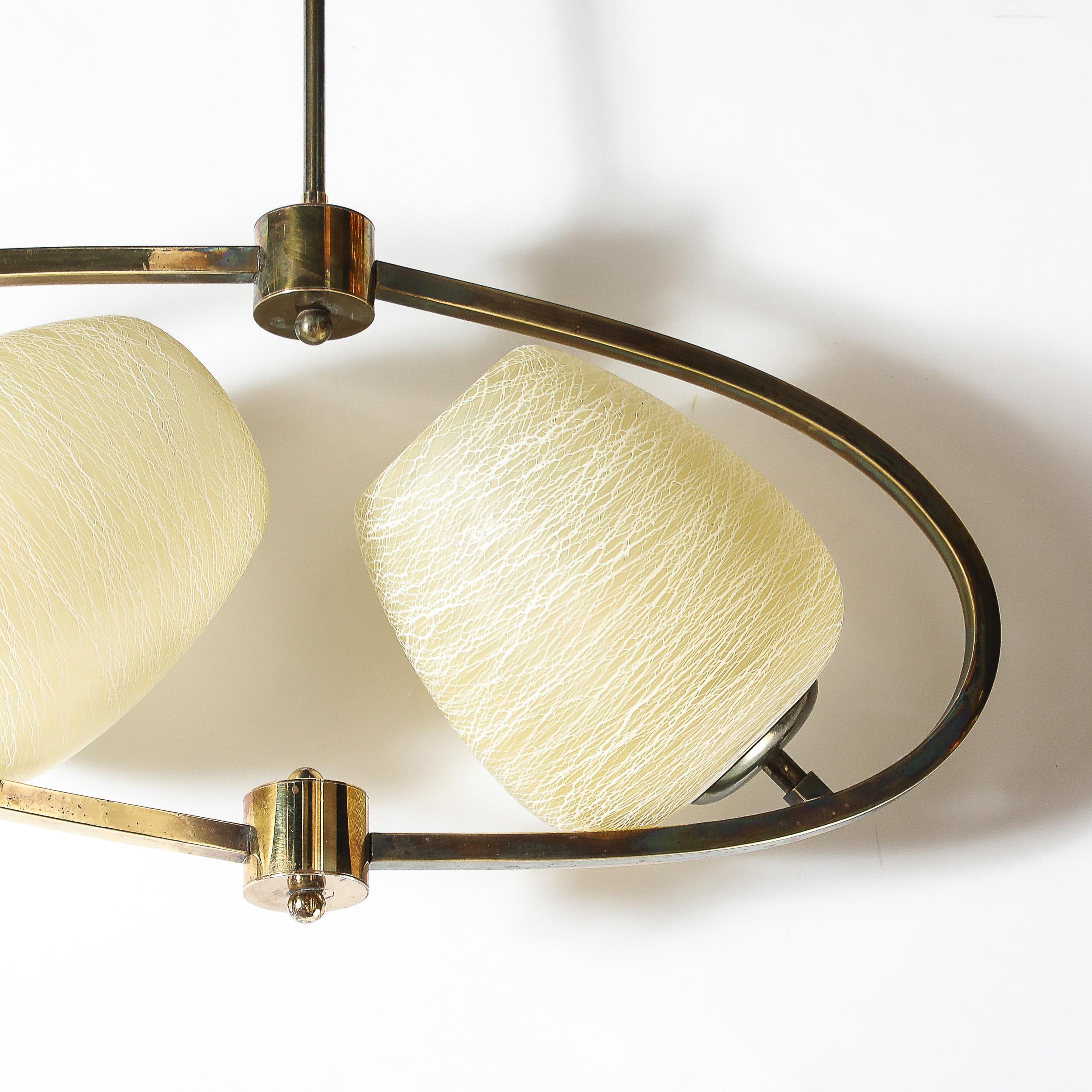 Mid-Century Elliptical Chandelier w/ Striated Spun Glass Shades in Antique Brass For Sale 6