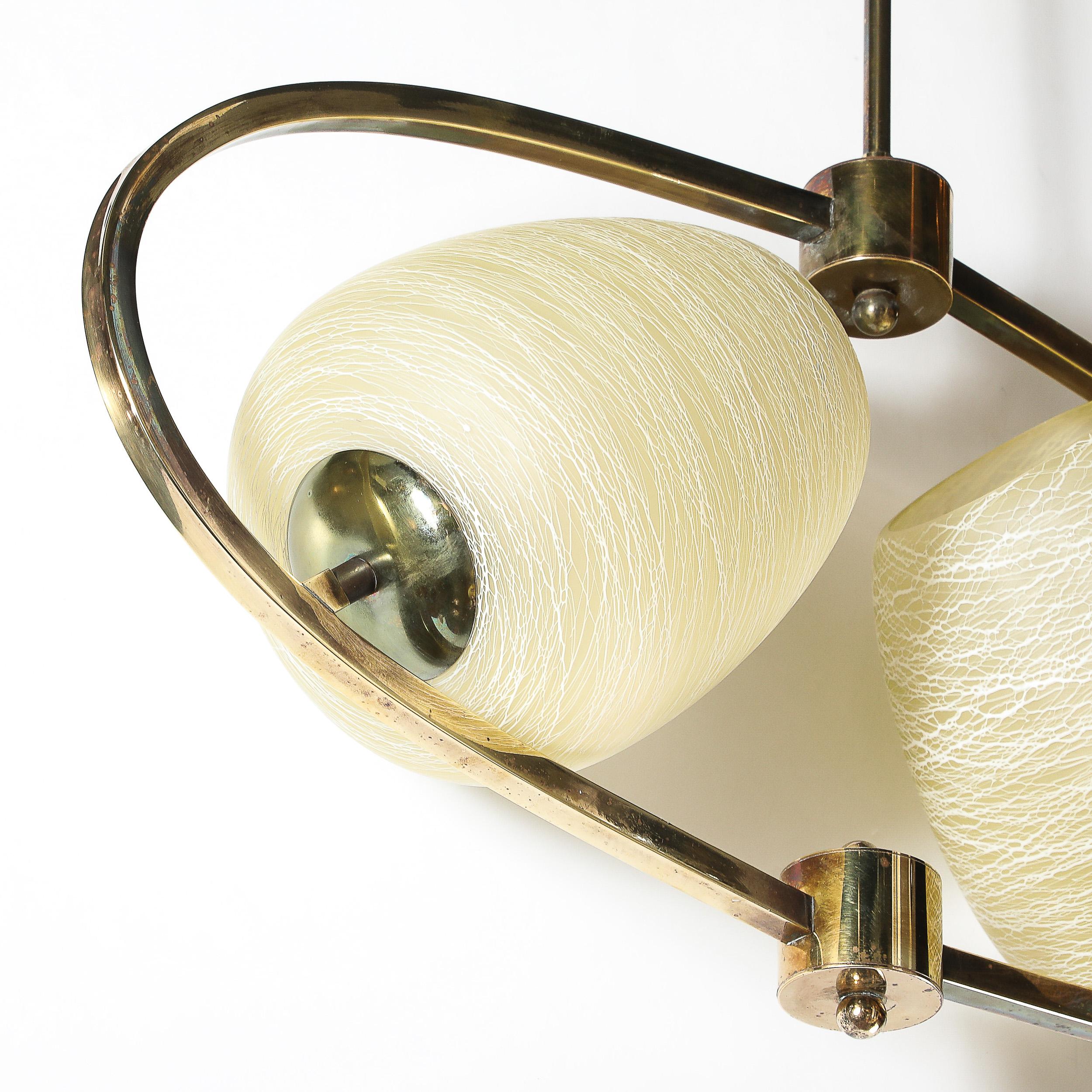 Mid-Century Elliptical Chandelier w/ Striated Spun Glass Shades in Antique Brass For Sale 7