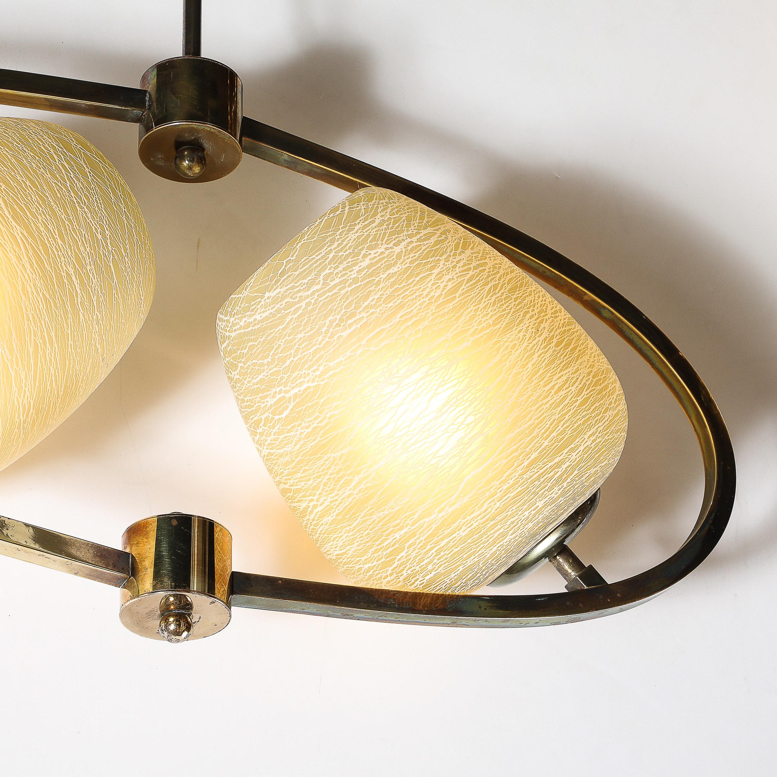 Italian Mid-Century Elliptical Chandelier w/ Striated Spun Glass Shades in Antique Brass For Sale
