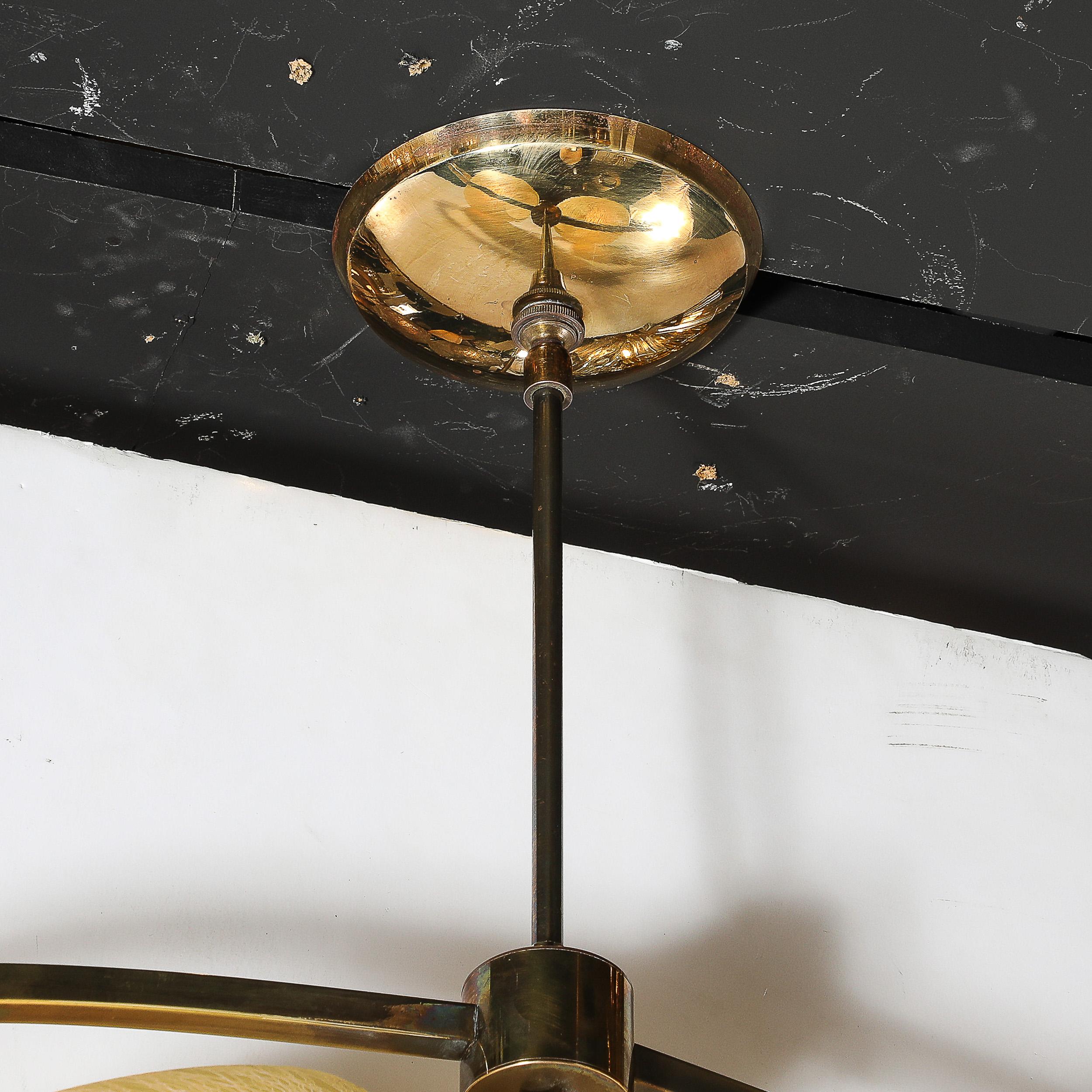 Mid-Century Elliptical Chandelier w/ Striated Spun Glass Shades in Antique Brass In Excellent Condition For Sale In New York, NY