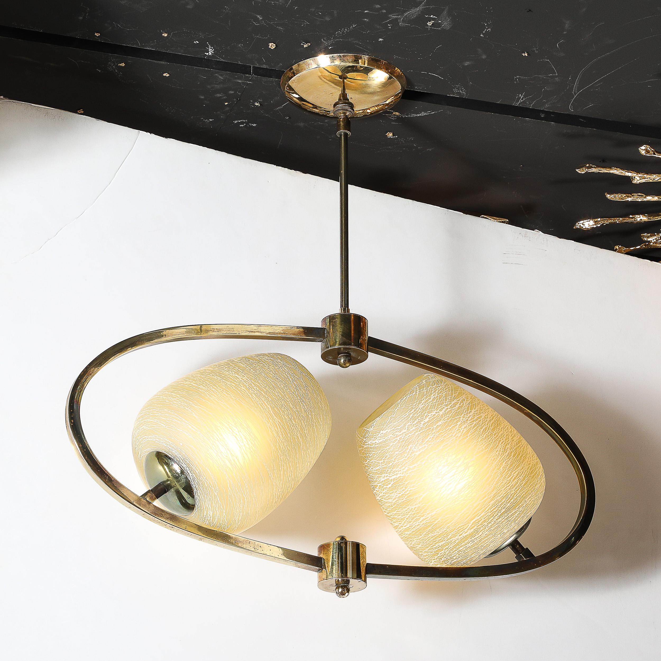 Mid-20th Century Mid-Century Elliptical Chandelier w/ Striated Spun Glass Shades in Antique Brass For Sale