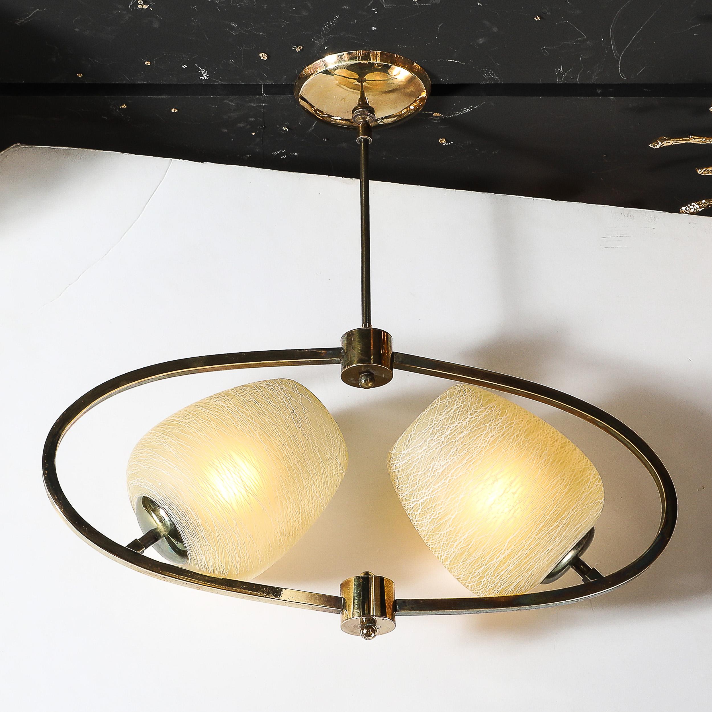 Mid-Century Elliptical Chandelier w/ Striated Spun Glass Shades in Antique Brass For Sale 1