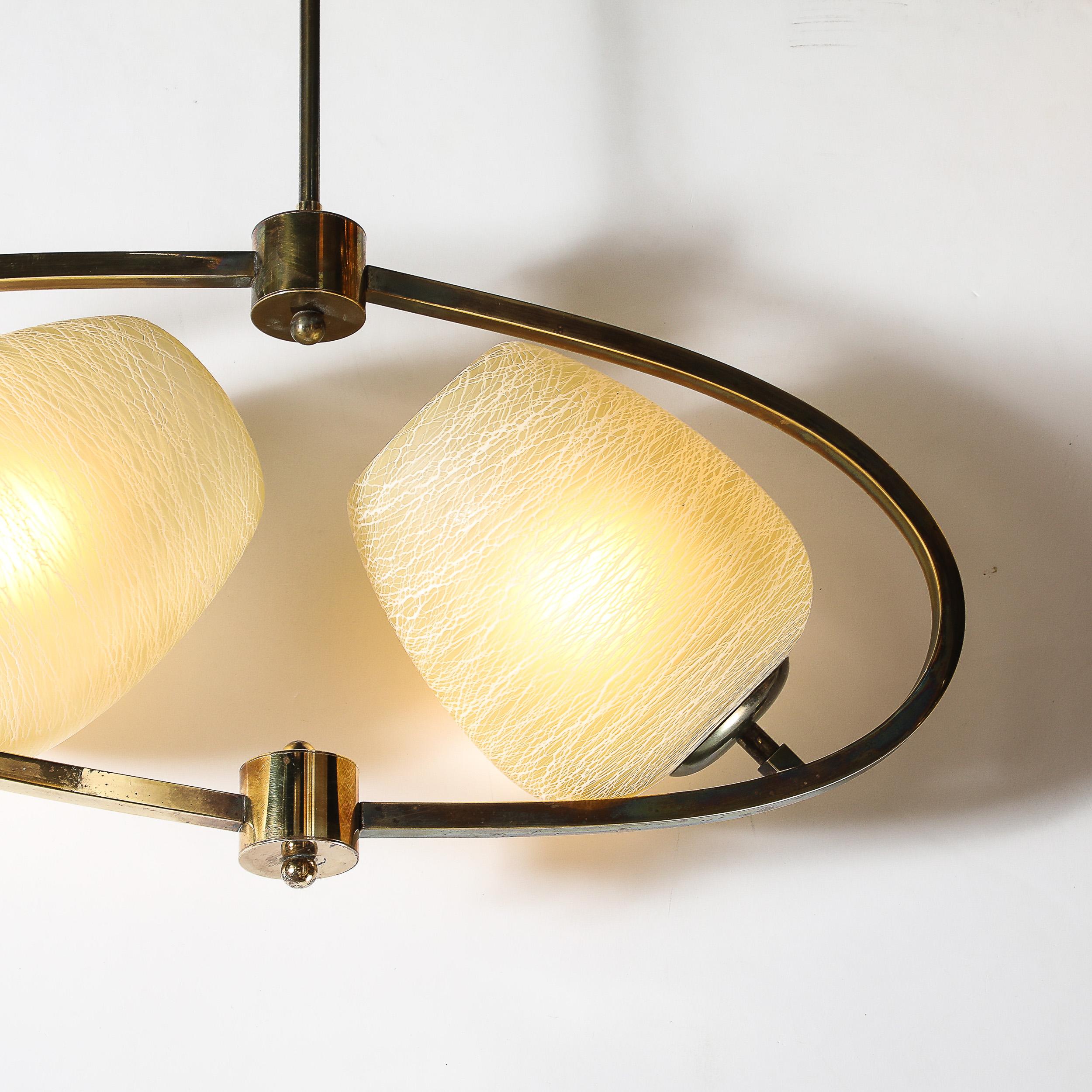 Mid-Century Elliptical Chandelier w/ Striated Spun Glass Shades in Antique Brass For Sale 2