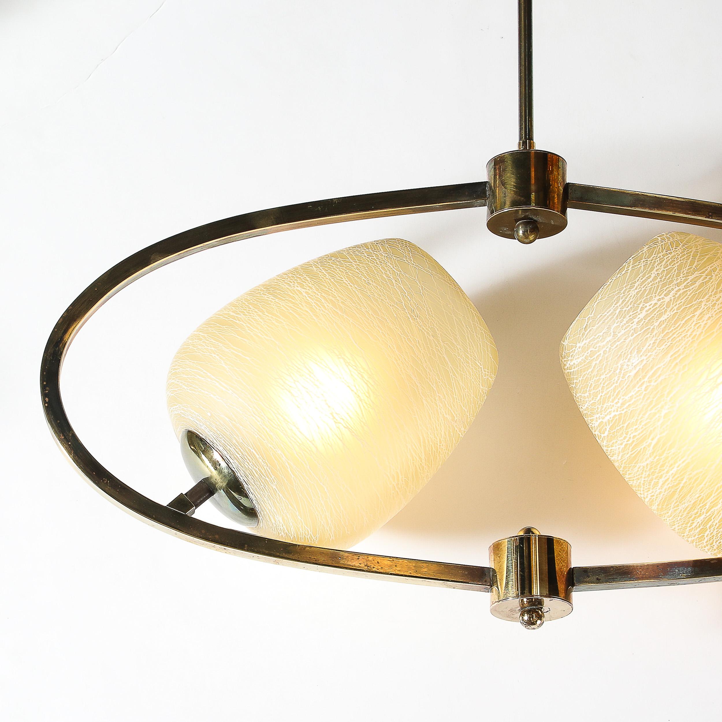 Mid-Century Elliptical Chandelier w/ Striated Spun Glass Shades in Antique Brass For Sale 3