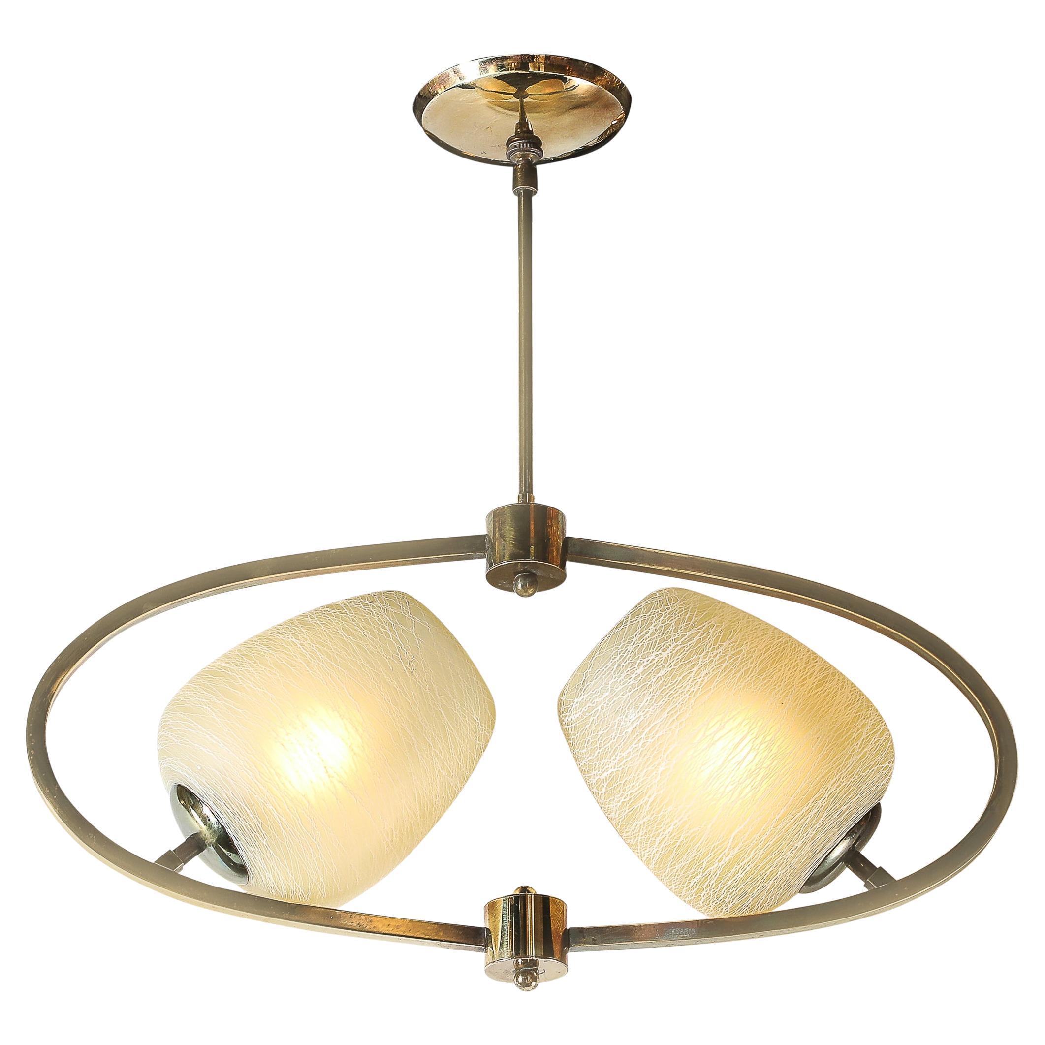 Mid-Century Elliptical Chandelier w/ Striated Spun Glass Shades in Antique Brass For Sale