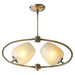 Mid-Century Elliptical Chandelier w/ Striated Spun Glass Shades in Vintage Brass
