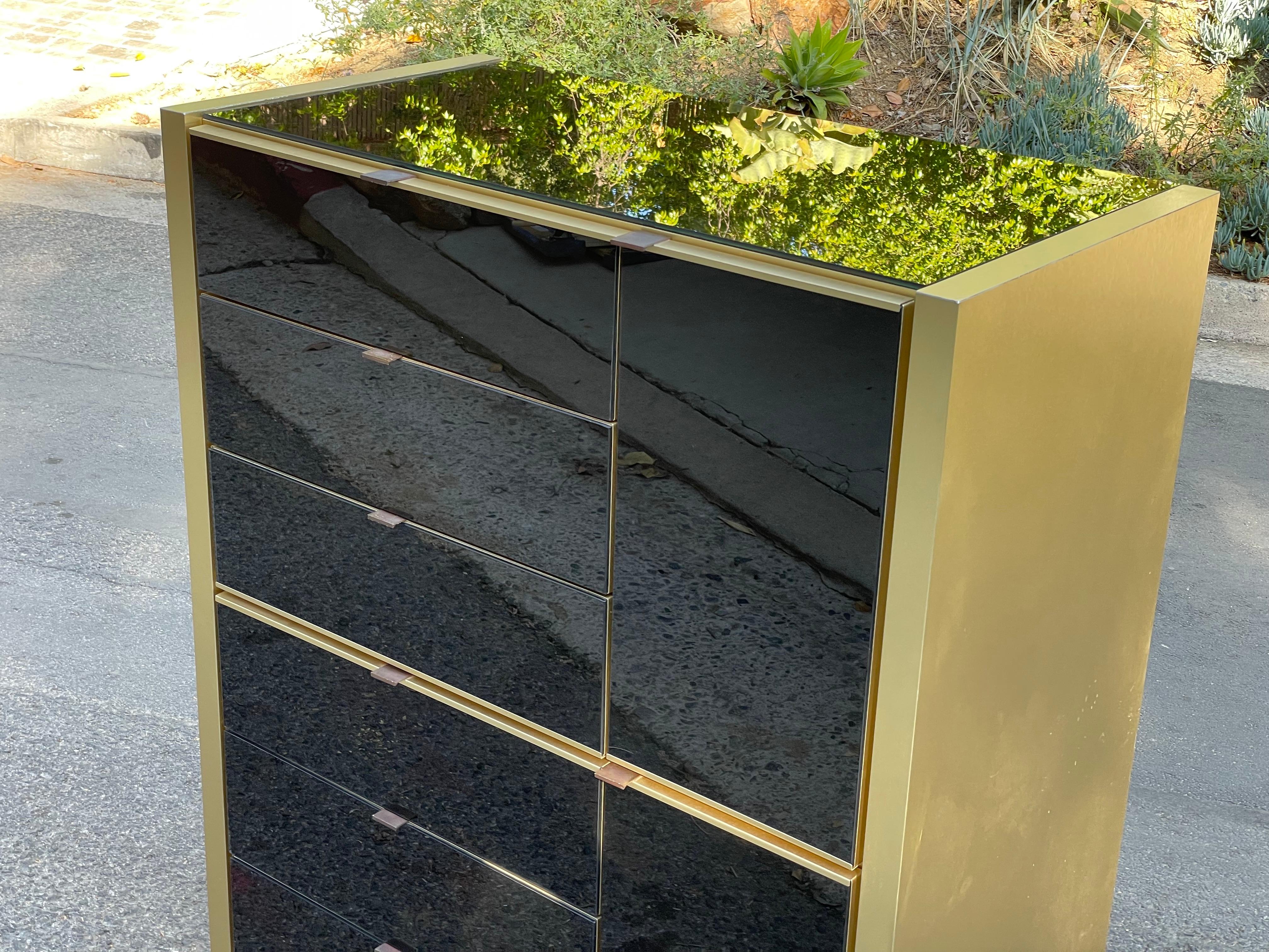 Late 20th Century Mid-Century Ello Dresser Chest of Drawers in Brass and Black Mirrror, c. 1970s